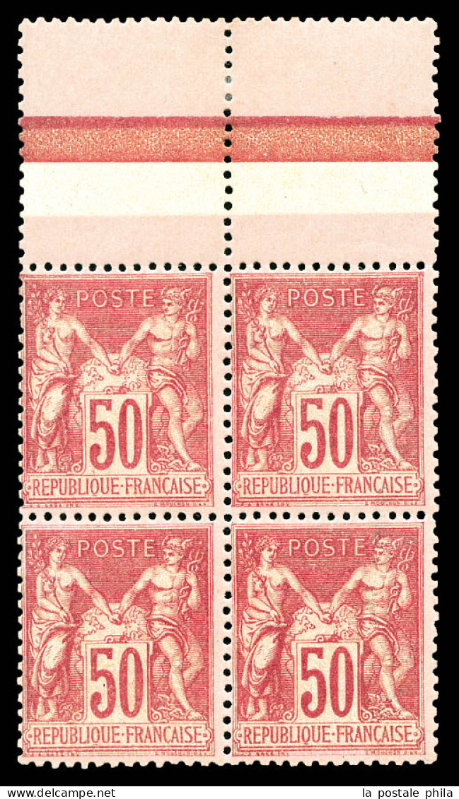 ** N°104, 50c Rose Type I, Bloc De Quatre Haut De Feuille (charnière Sur Bdf), Très Frais. SUP (signé Brun/certificat)   - 1898-1900 Sage (Tipo III)