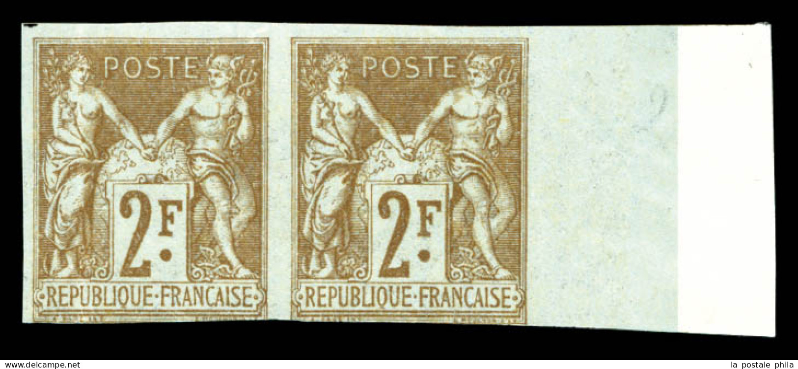 ** N°105a, 2fr Bistre Sur Azuré Non Dentelé, Paire Horizontale Bord De Feuille Latéral, Marge Au Filet En Bas Et Pli De  - 1898-1900 Sage (Type III)