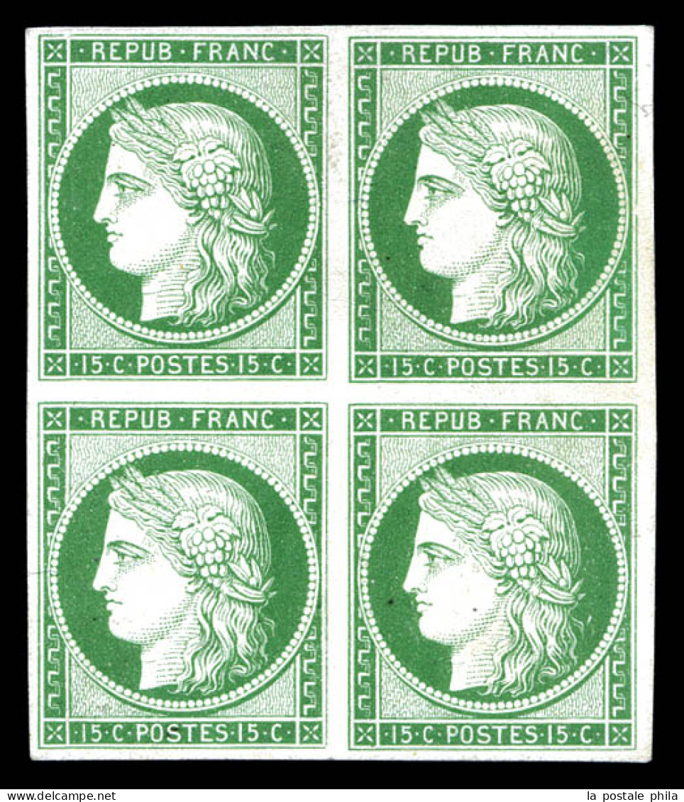 (*) N°2, Cérès 1849, 15c Vert Sur Papier Carton En Bloc De Quatre. SUP. R. (certificat)  Qualité: (*)  Cote: 1600 Euros - 1849-1850 Cérès
