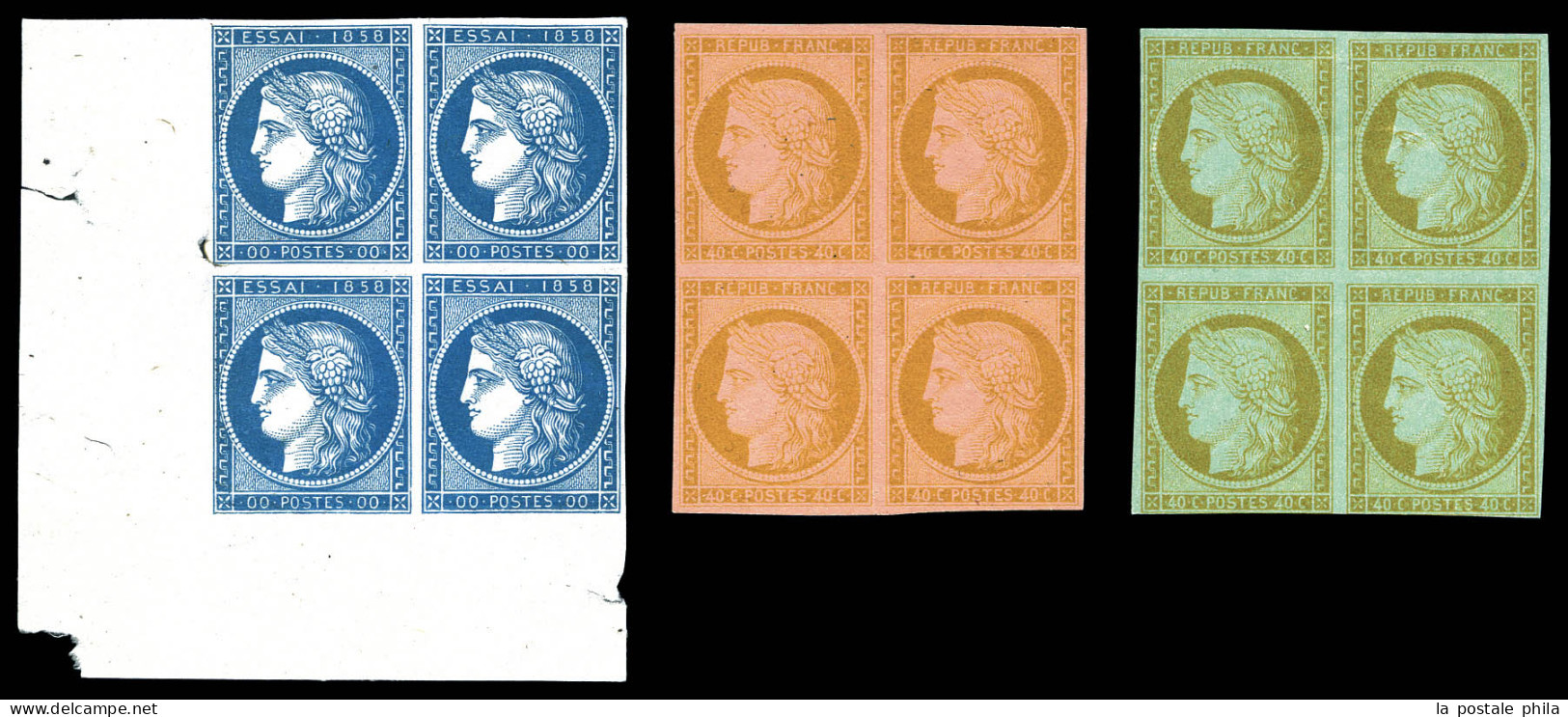 (*) Essais 40c Cérès, 3 Blocs De Quatre: 40c Brun-clair Sur Rose, 40c Bistre Orangé Sur Bleuté Et Essai 1858 En Bleu Cdf - 1849-1850 Cérès