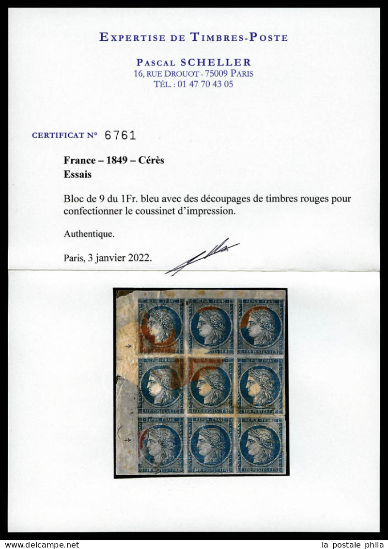 (*) Essais 1 F Cérès: Coussinet D'impression En Bloc De 9 Coin De Feuille. SUPERBE. R.R. (certificats)  Qualité: (*) - 1849-1850 Ceres