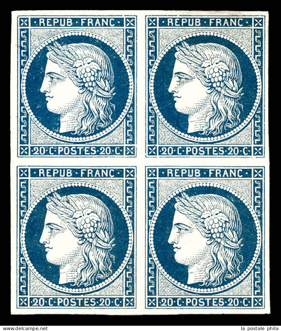 (*) Non émis, Cérès 20c Bleu: Essais Sur Papier Bristol En Bloc De Quatre, Très Jolie Pièce, Rare (certificat)  Qualité: - 1849-1850 Cérès