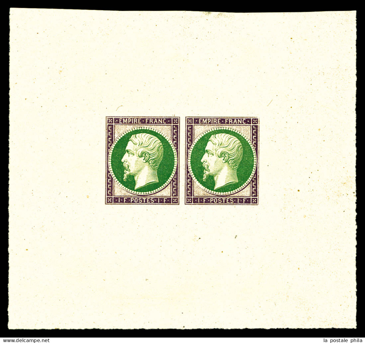 (*) Essais Empire. 1f Violet Et Vert Epreuve En Paire Sur Feuillet 87x81mm, SUPERBE. R.R. (signé Scheller/certificat)  Q - 1853-1860 Napoléon III.