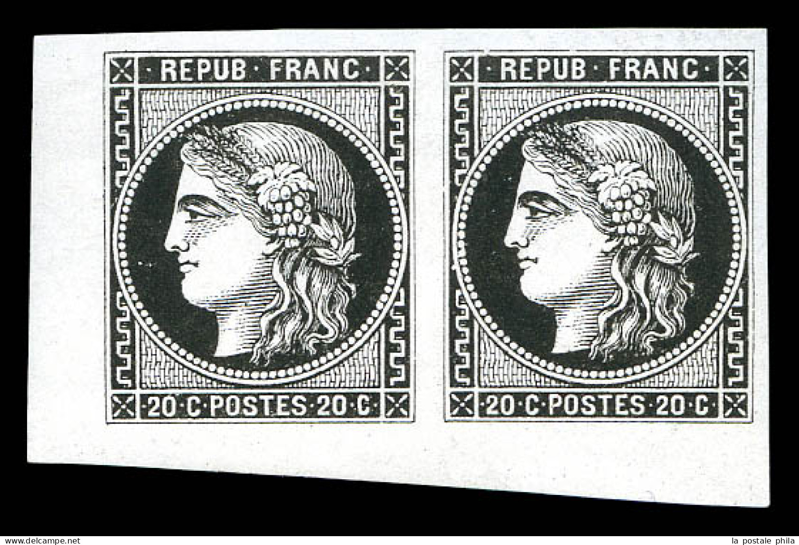(*) N°46B, 20c Bordeaux Type III Rep 2, Essai En Noir En Paire Cdf. TTB (signé Brun/certificat)  Qualité: (*)  Cote: 100 - 1870 Bordeaux Printing
