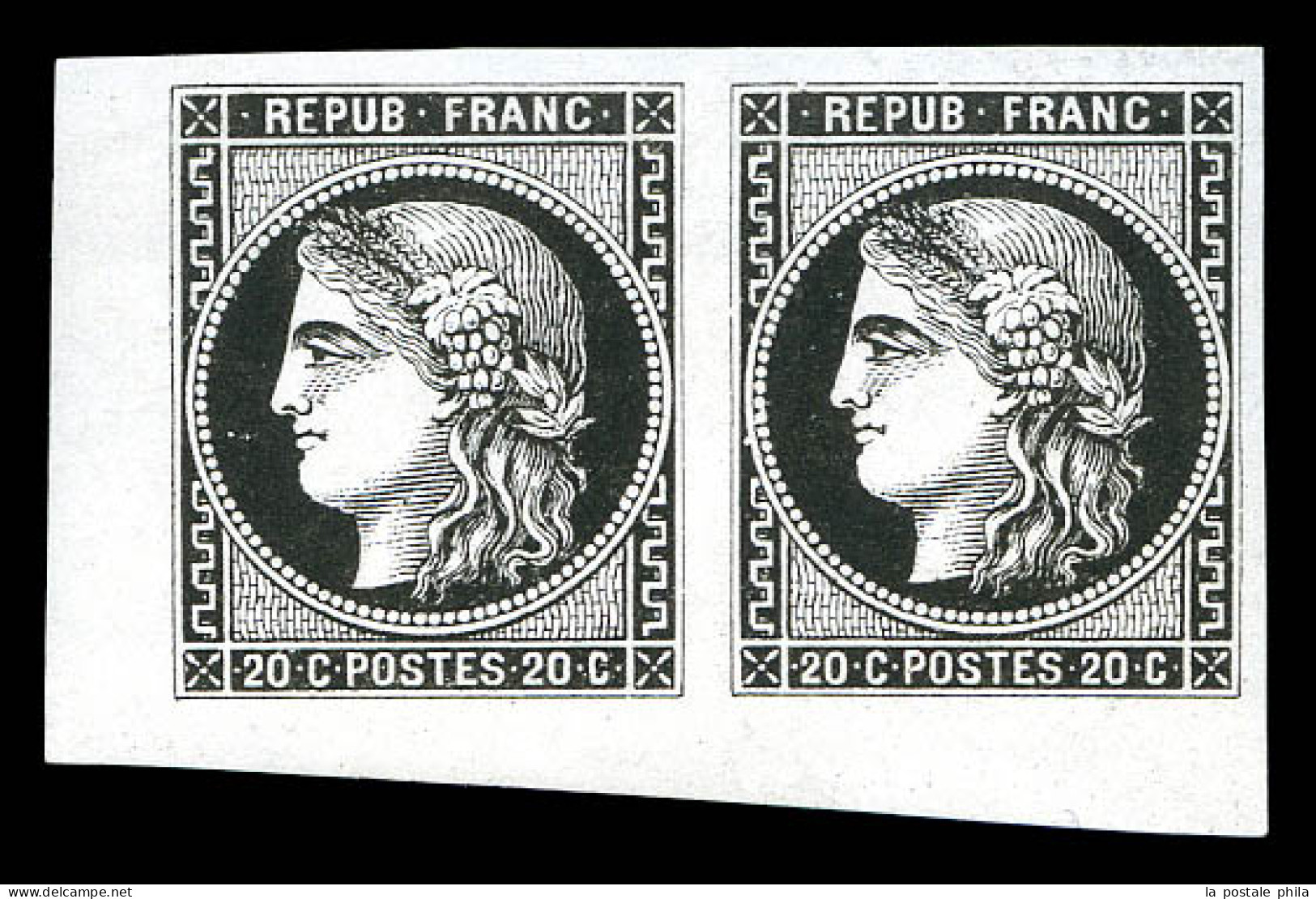 (*) N°46B, 20c Bordeaux Type III Rep 2, Essai En Noir En Paire Cdf. TTB (signé Brun/certificat)  Qualité: (*)  Cote: 100 - 1870 Ausgabe Bordeaux