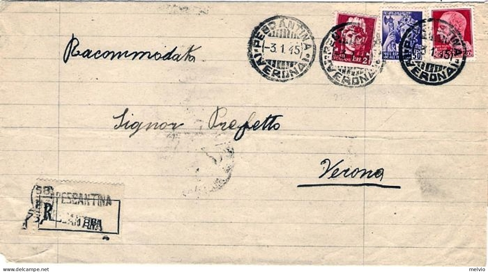 1945-Imperiale Lire 2 E C.20 + Monumenti C.50 Su Piego Racc. Pescantina (3.01) - Poststempel