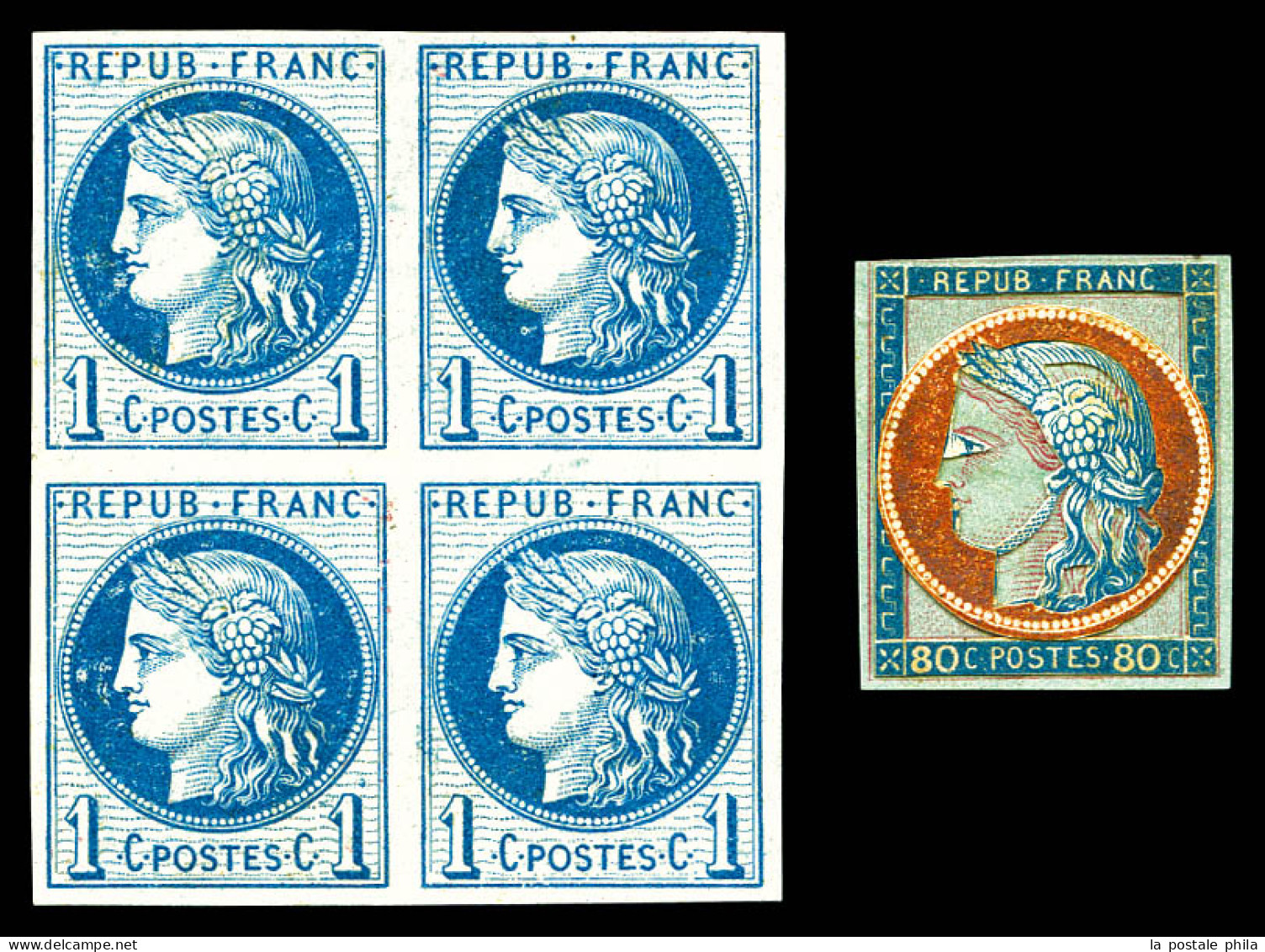 (*) Essais N°50, Cérès: 1c Bleu, Bloc De Quatre Et 80c Coussinet D'impression. TB  Qualité: (*)  Cote: 950 Euros - 1871-1875 Ceres