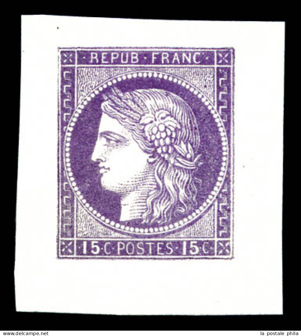 (*) Essais Cérès 1871, 15c Violet Au Recto Et Au Verso, 15c Bistre Impression Dépouillée. SUP. R. (certificat)  Qualité: - 1871-1875 Cérès