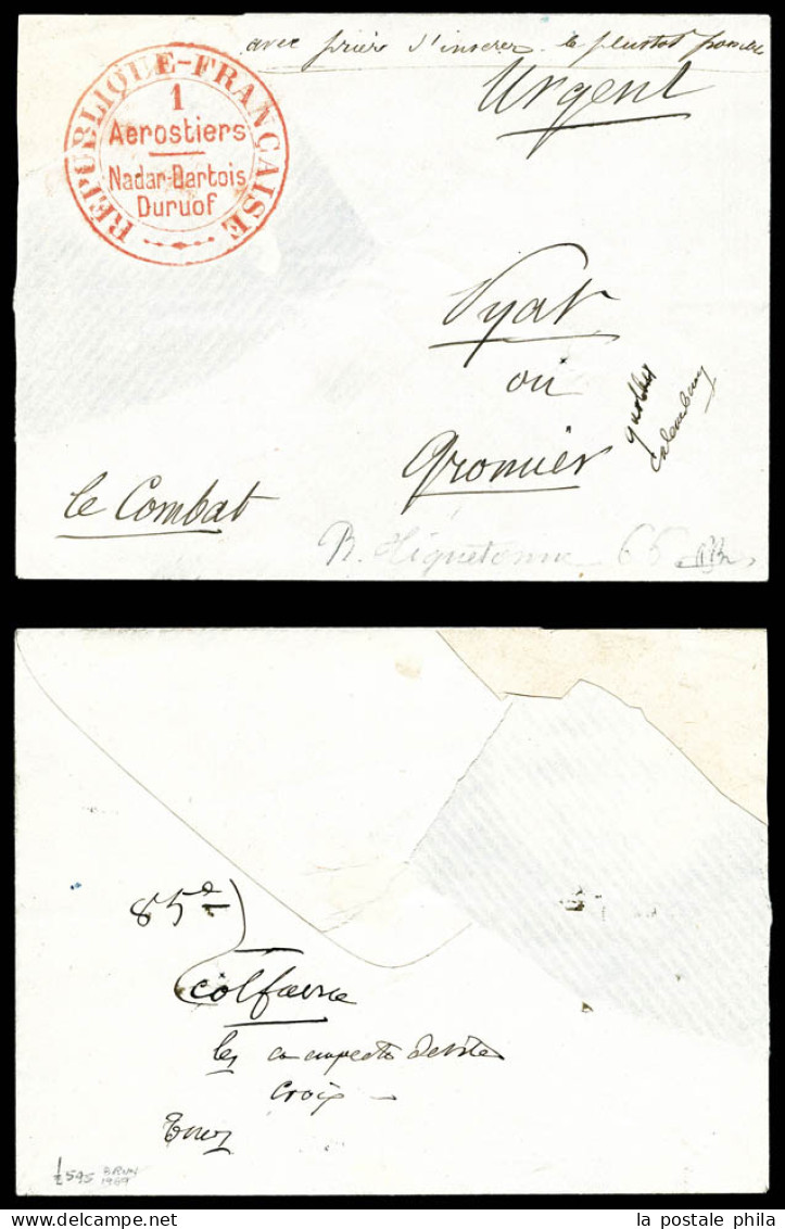 O Grand Cachet Rouge Des Aérostiers 'NADAR DARTOIS DURUOF' Au Recto D'une Enveloppe (angle Supérieur Refait Pour Présent - Guerre De 1870