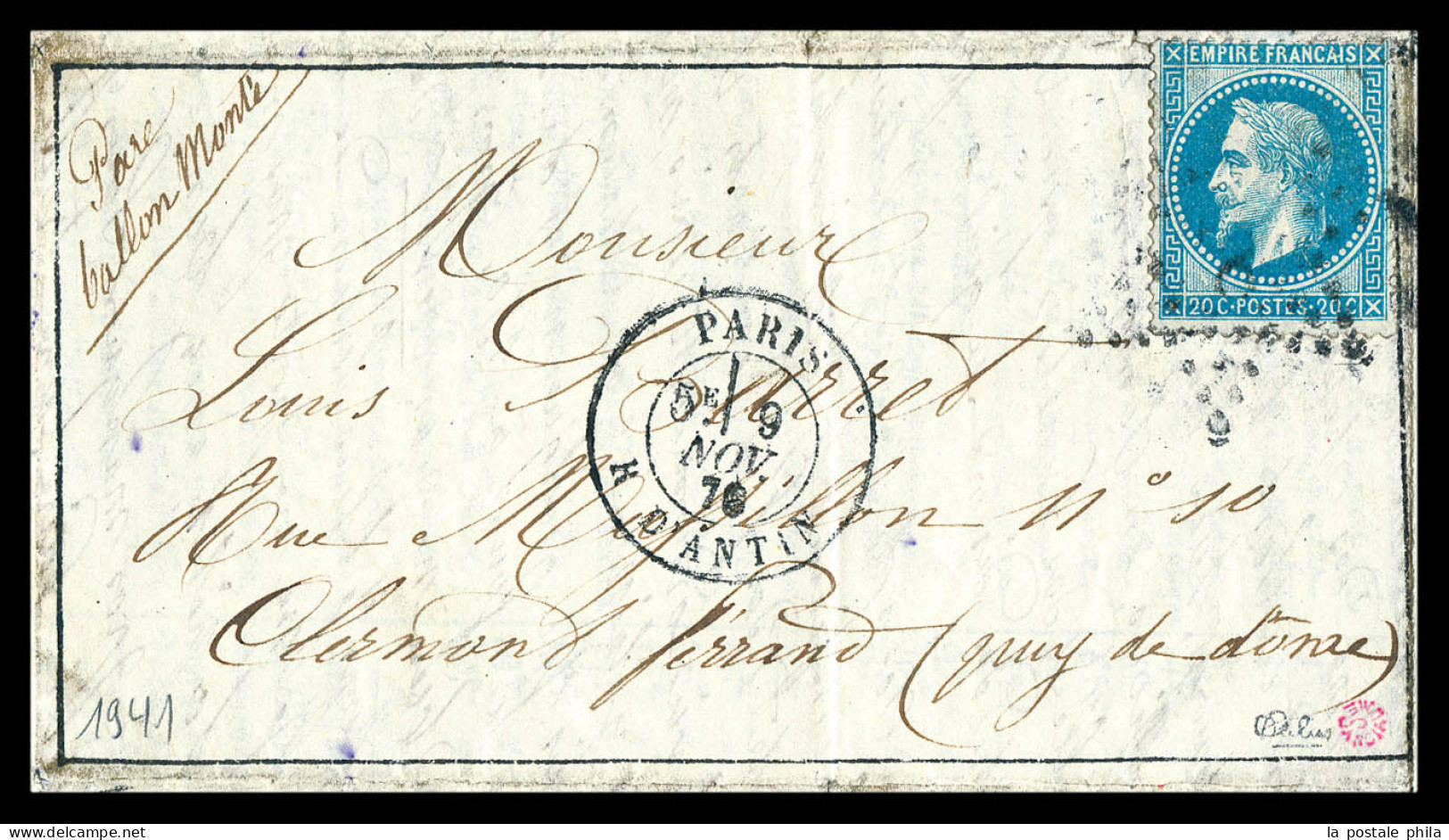 O LE DAGUERRE', 20c Lauré + Càd Du 9 Nov 1870 Sur JOURNAL BALLON N°1 Pour Clermont-Ferrand, Sans Arrivée (Normal) Car Co - Guerre De 1870