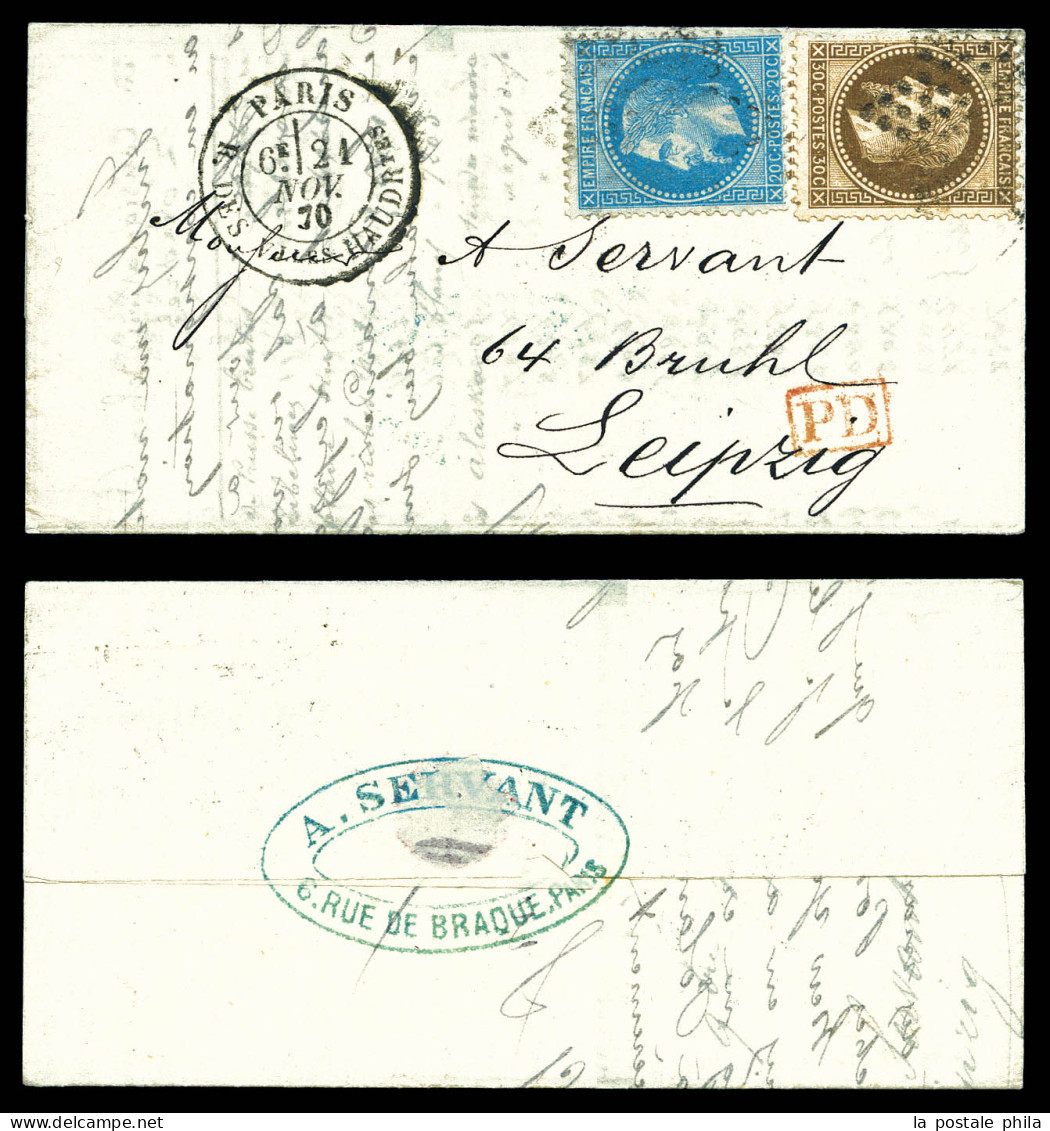 O LA VILLE D'ORLEANS', 20c Et 30c Laurés Obl étoile De Paris + Càd De Paris Le 21 Nov 1870 Sur Lm à Destination De LEIPZ - Oorlog 1870