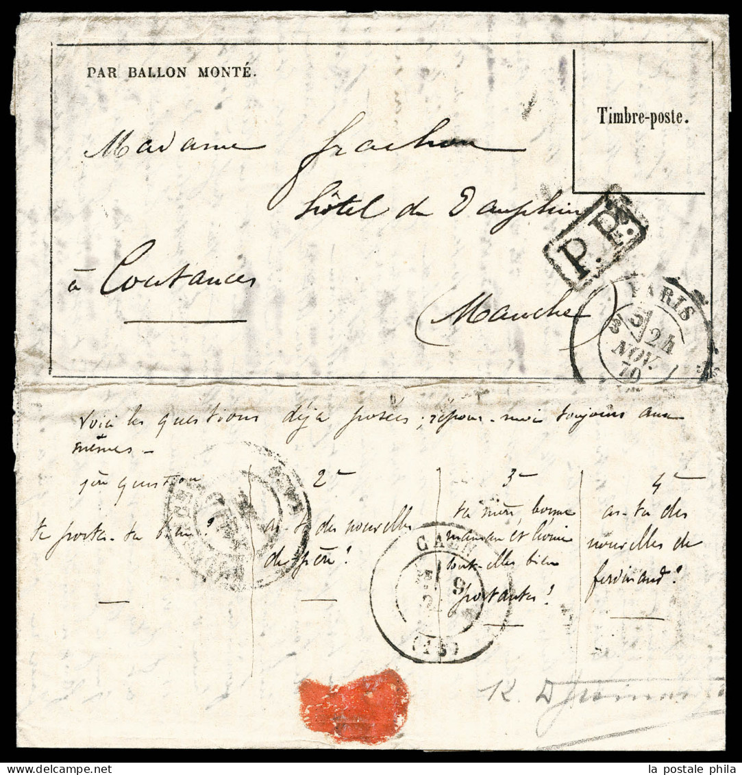 O LA VILLE D'ORLEANS', Càd De Paris Le 24 Novembre 1870 + P.P. Encadré Sur Gazette Des Absents N°10 Pour Coutances, Càd  - Krieg 1870