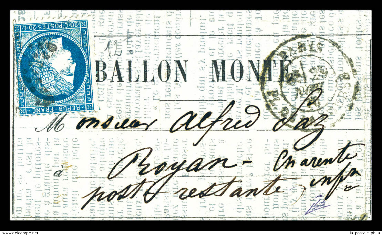 O JOURNAL-LETTRE LE SOIR N°1 Avec Mention 'PAR BALLON MONTE' En Grands Caractères Transporté Par 'LE JULES FAVRE N°2': 2 - Guerra De 1870