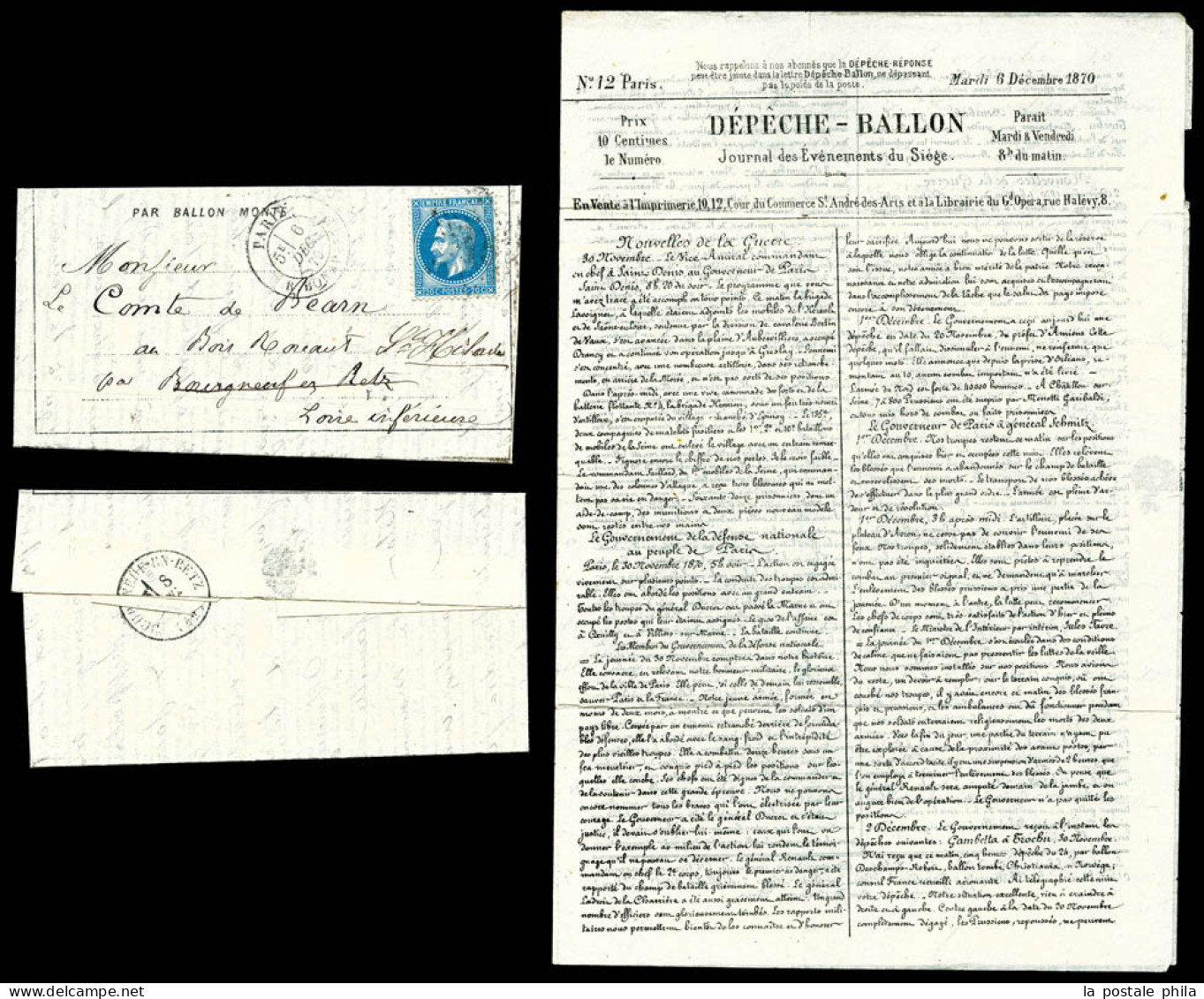 O LE DENIS PAPIN', Lettre Avec Mention Imprimé: 20c Lauré, Obl Càd Du 6 Dec 1870 Sur Lettre Journal 'DEPECHE BALLON' N°1 - Guerre De 1870