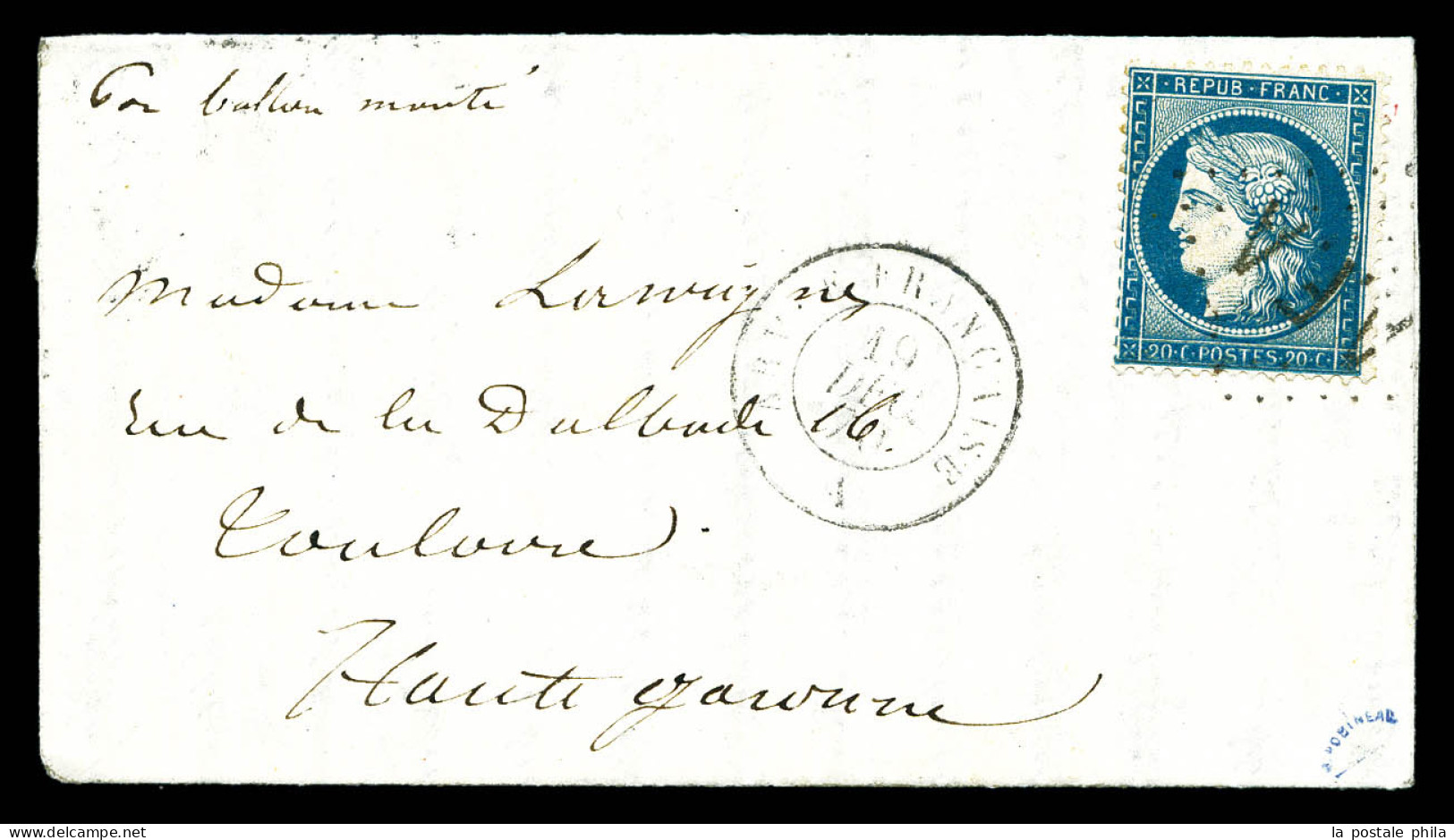 O LE LAVOISIER', 20c Siège Obl Losange 'A.F.A' + Càd 'ARMEE FRANCAISE' Du 19 Dec 1870 Sur Lettre Pour Toulouse, Arrivée  - War 1870