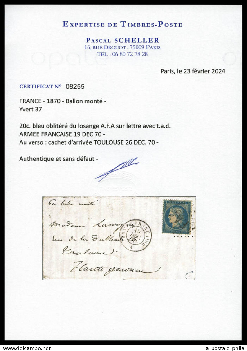 O LE LAVOISIER', 20c Siège Obl Losange 'A.F.A' + Càd 'ARMEE FRANCAISE' Du 19 Dec 1870 Sur Lettre Pour Toulouse, Arrivée  - Guerra De 1870