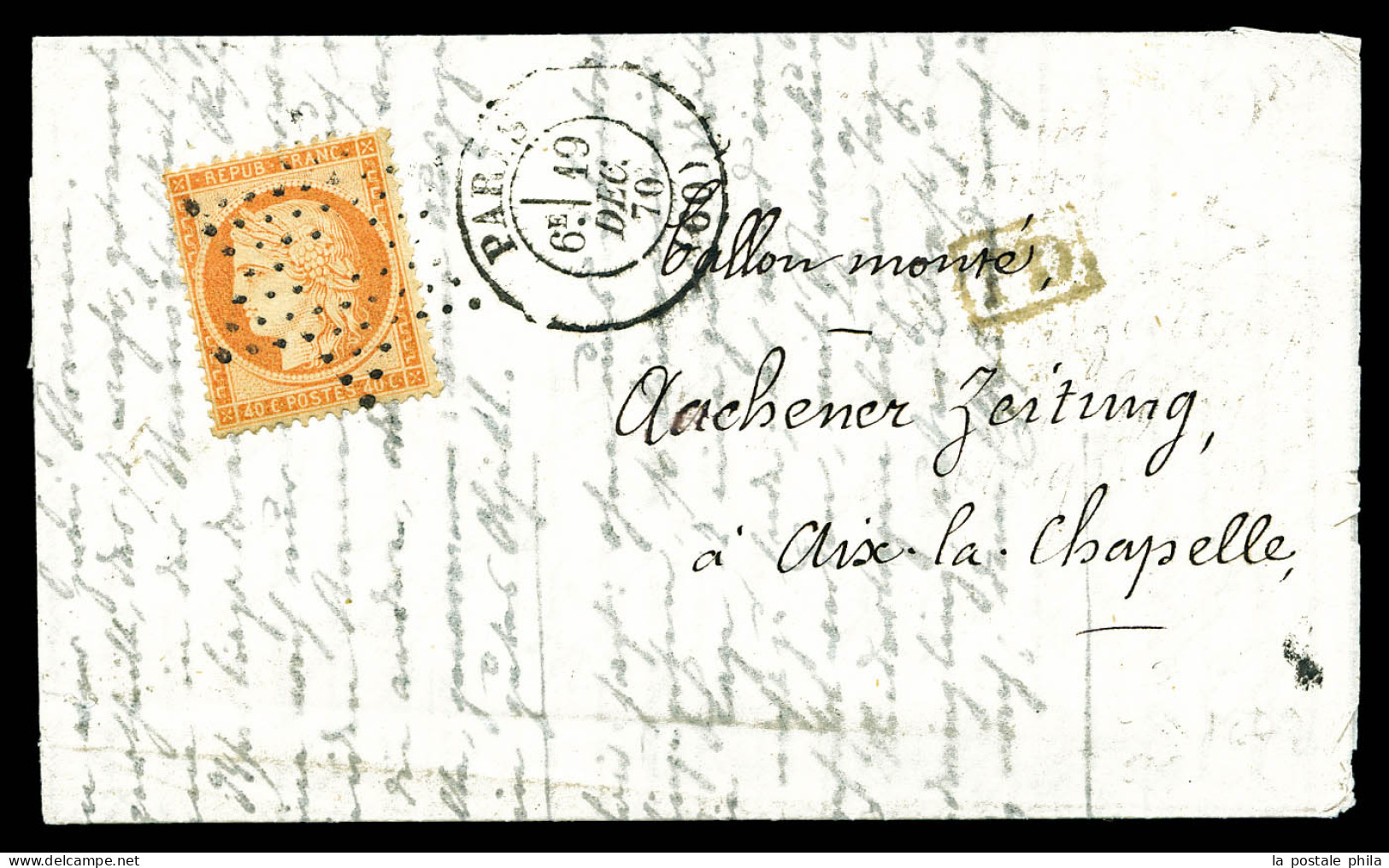 O Correspondance HAVAS En ALLEMAND Par Ballon Monté De Paris Le 19.12.1870 Pour Aix La Chapelle Affranchie Avec 40c Sièg - War 1870