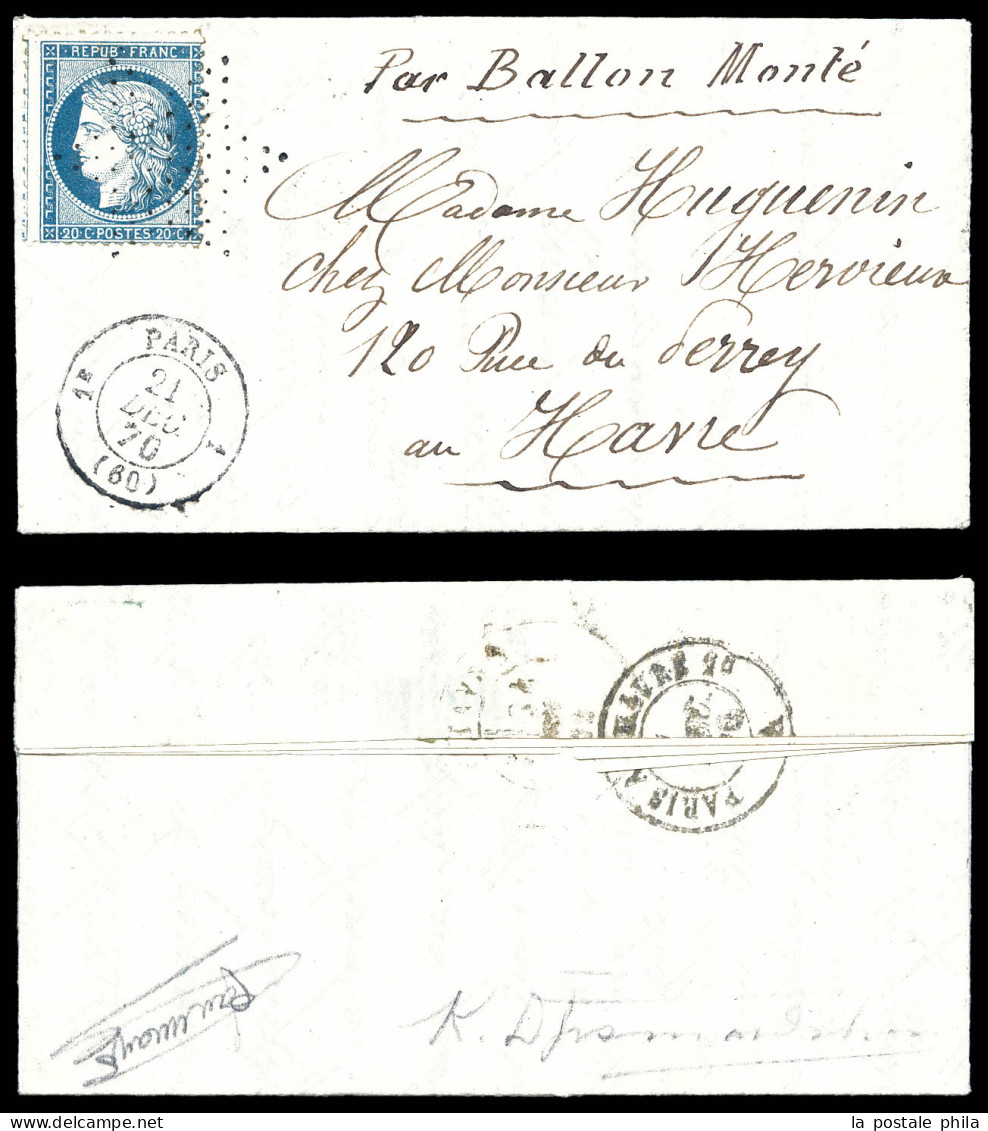 O LE LAVOISIER', 20c Siège Obl étoile Muette Et Cachet à Date Bureau Central De Paris (60) Rayon 1 Du 21 Dec 1870 Pour L - Krieg 1870