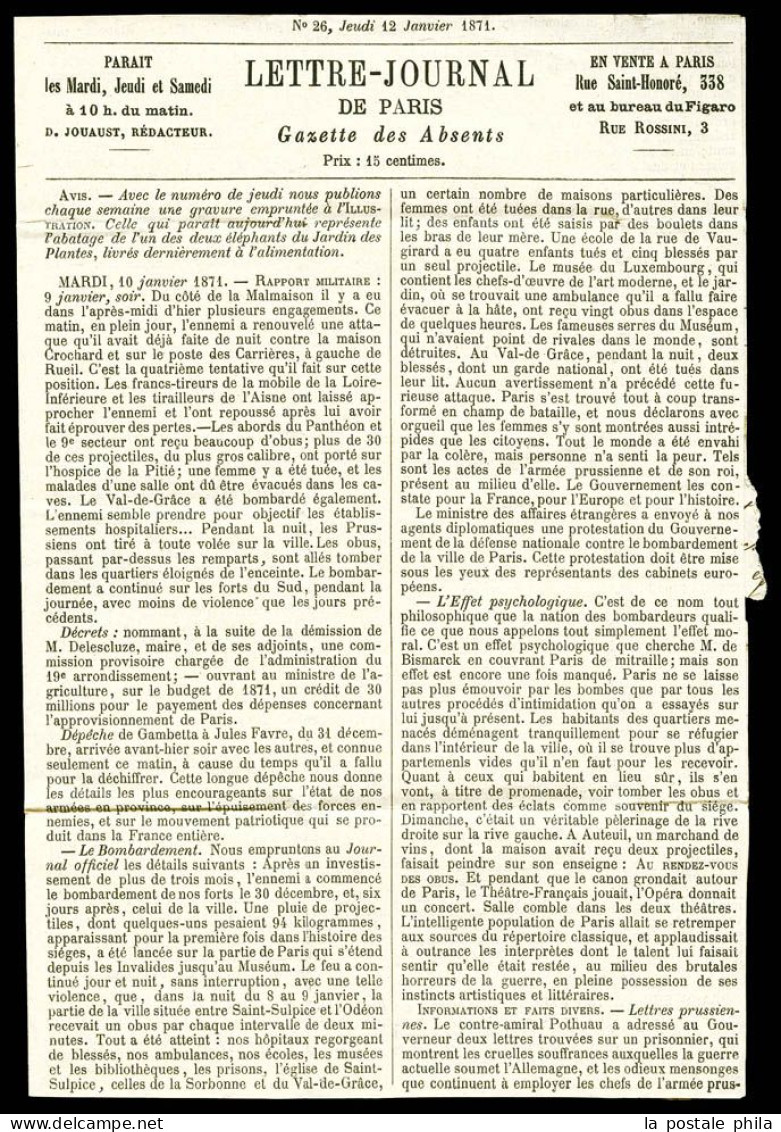 O LE Grl FAIDHERBE': Gazette Des Absents N°26 Affranchie Avec 20c Siège Obl PARIS SC (rouge) Du 12 Janv 1871 Pour LANGRU - War 1870