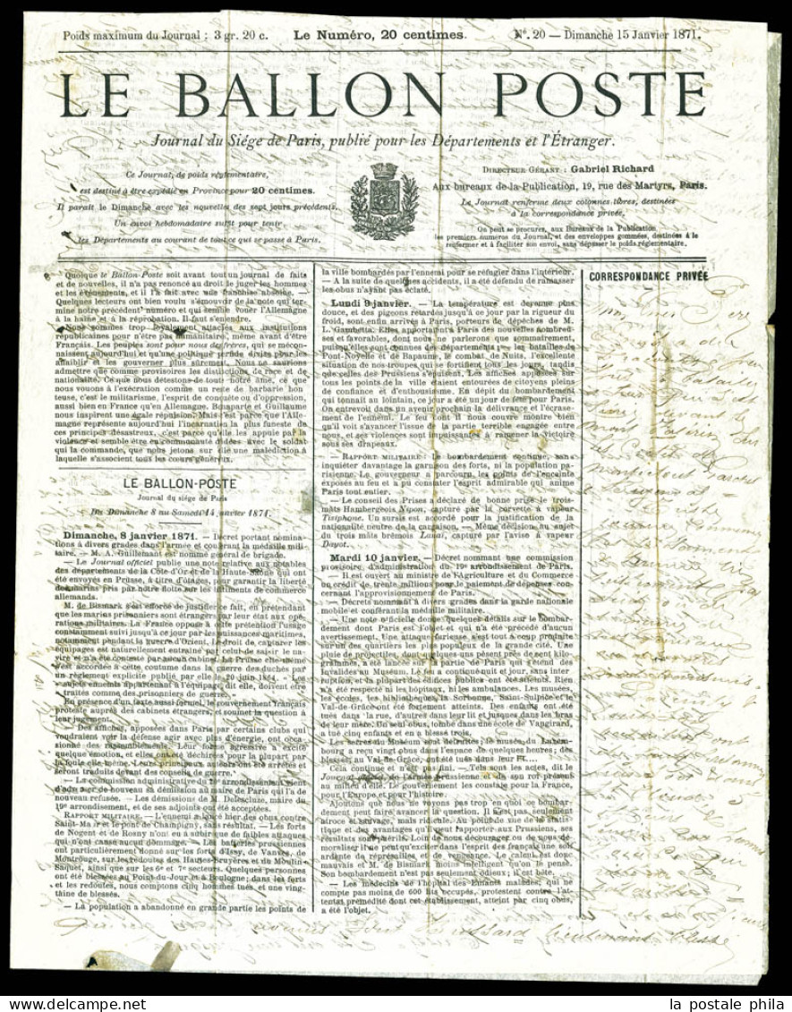 O LE BALLON POSTE N°20': LE TORRICELLI (probable), 20c Siège (pd), Pour NANTES, Càd D'arrivée Le 28 Janvier 71. TB (cert - Guerra Del 1870