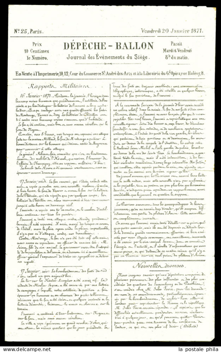 O LE TORRICELLI', 20c Lauré + Càd Du 20 Janv 1871 Sur DEPECHE BALLON N°25 Pour ST VINCENT DE TYROSSE. TTB (certificat)   - War 1870