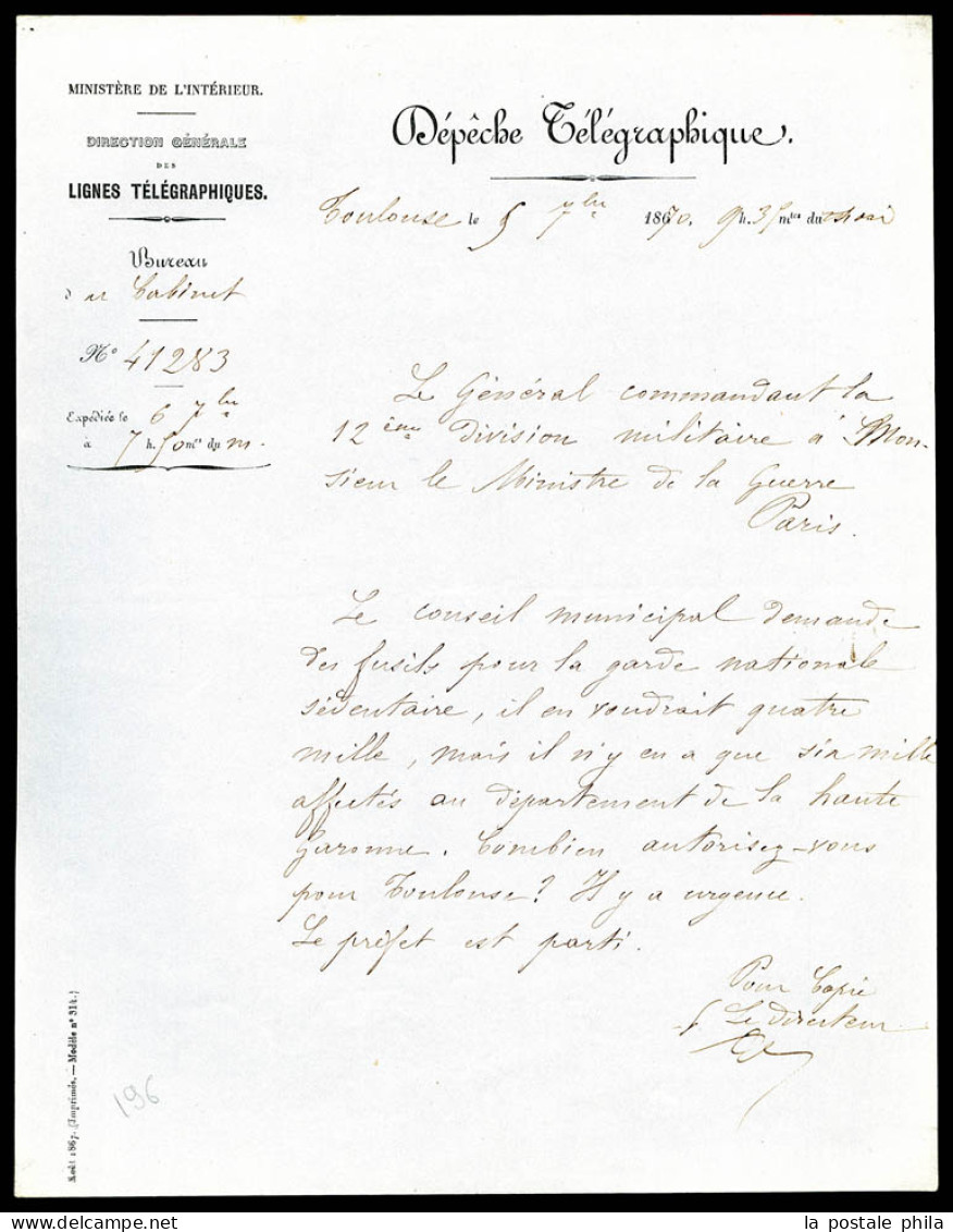 O Boule De Moulins Dépêche Télégraphique: Papier à Entête 'Ministère De L'Interieur-Direction Générale Des Lignes Télégr - Guerra Del 1870