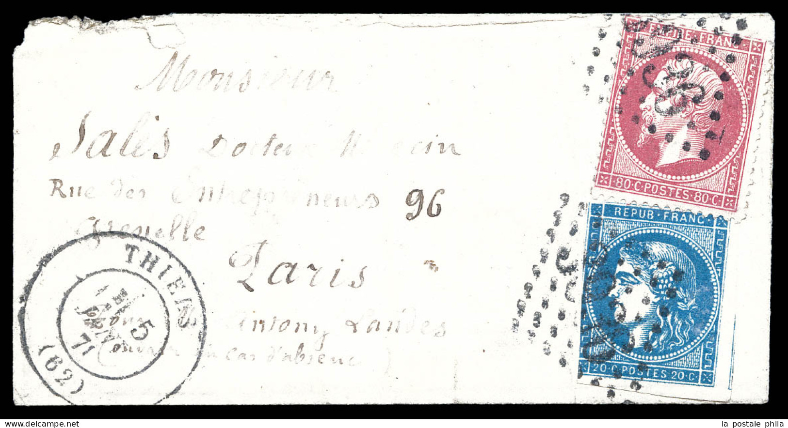 O Boule De Moulins 80c Non Lauré (N°24) Et 20c Bordeaux Type II (N°45) Obl GC 3936 + Càd De Thiers Le 5 Janvier 1871 Sur - Krieg 1870