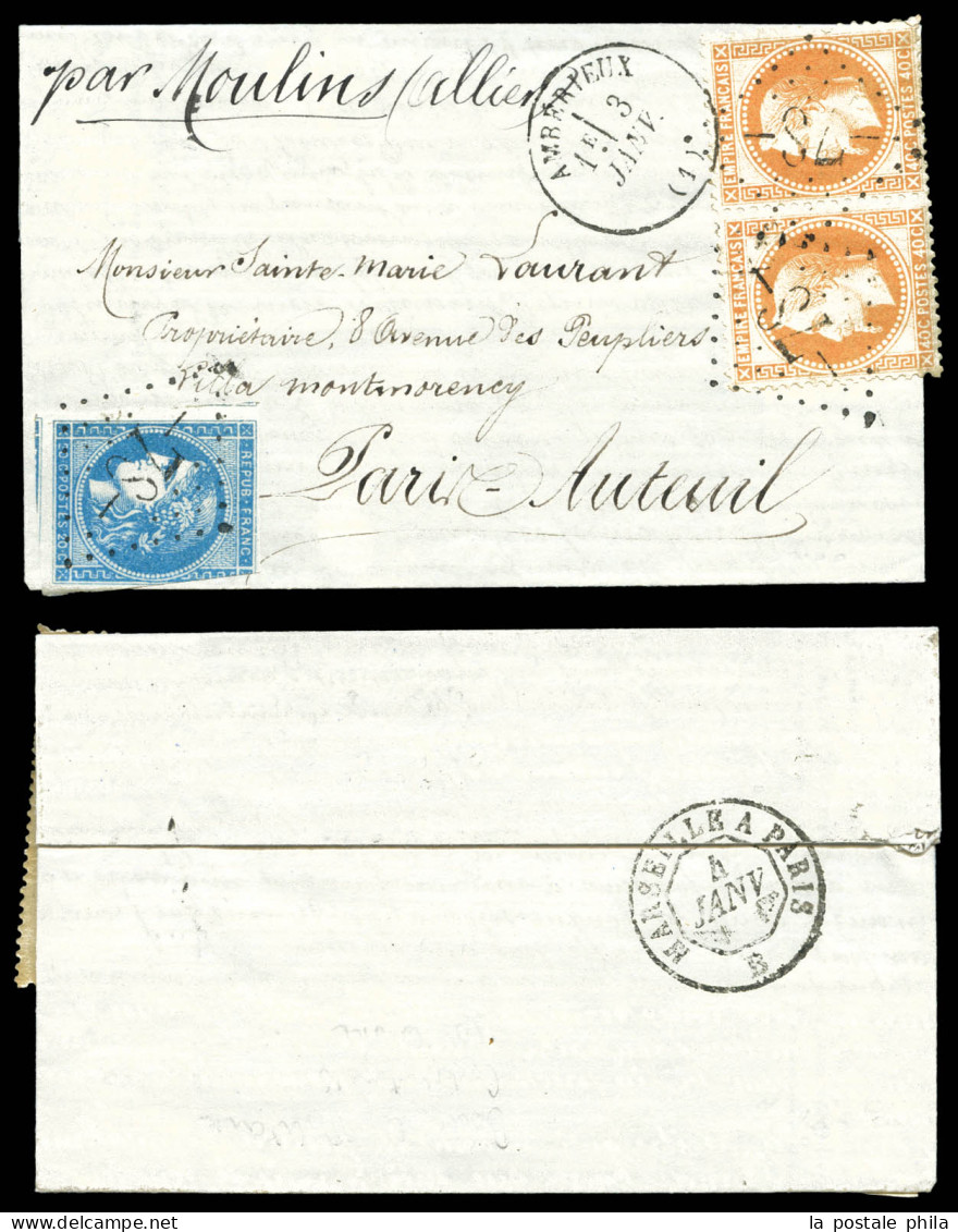 O Boule De Moulins 20c Bordeaux T II (def) Et 40c Lauré En Paire Obl GC 78 Càd AMBERIEUX Le 3 Janvier 1871 Sur Lettre Ma - Guerra De 1870