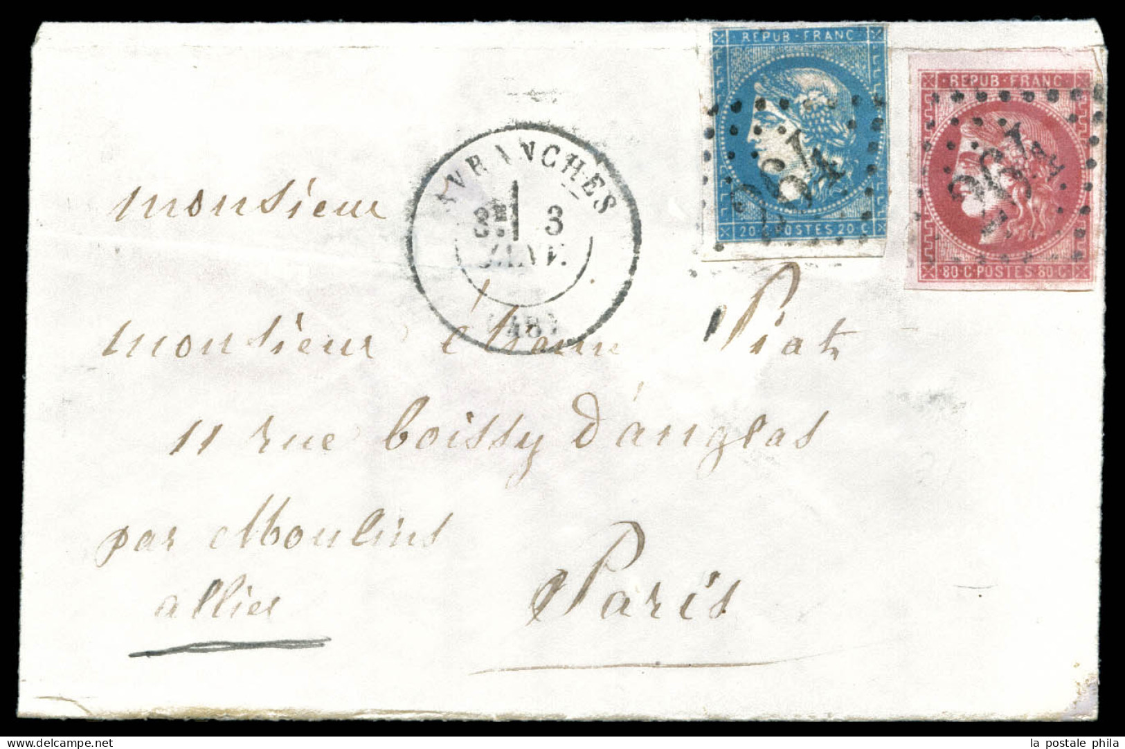 O Boule De Moulins Rare Affranchisement: 20c Bordeaux Type I Rep 1 (N°44A) Et 80c Bordeaux (N°49) Obl GC '264' Sur Envel - Guerra Del 1870