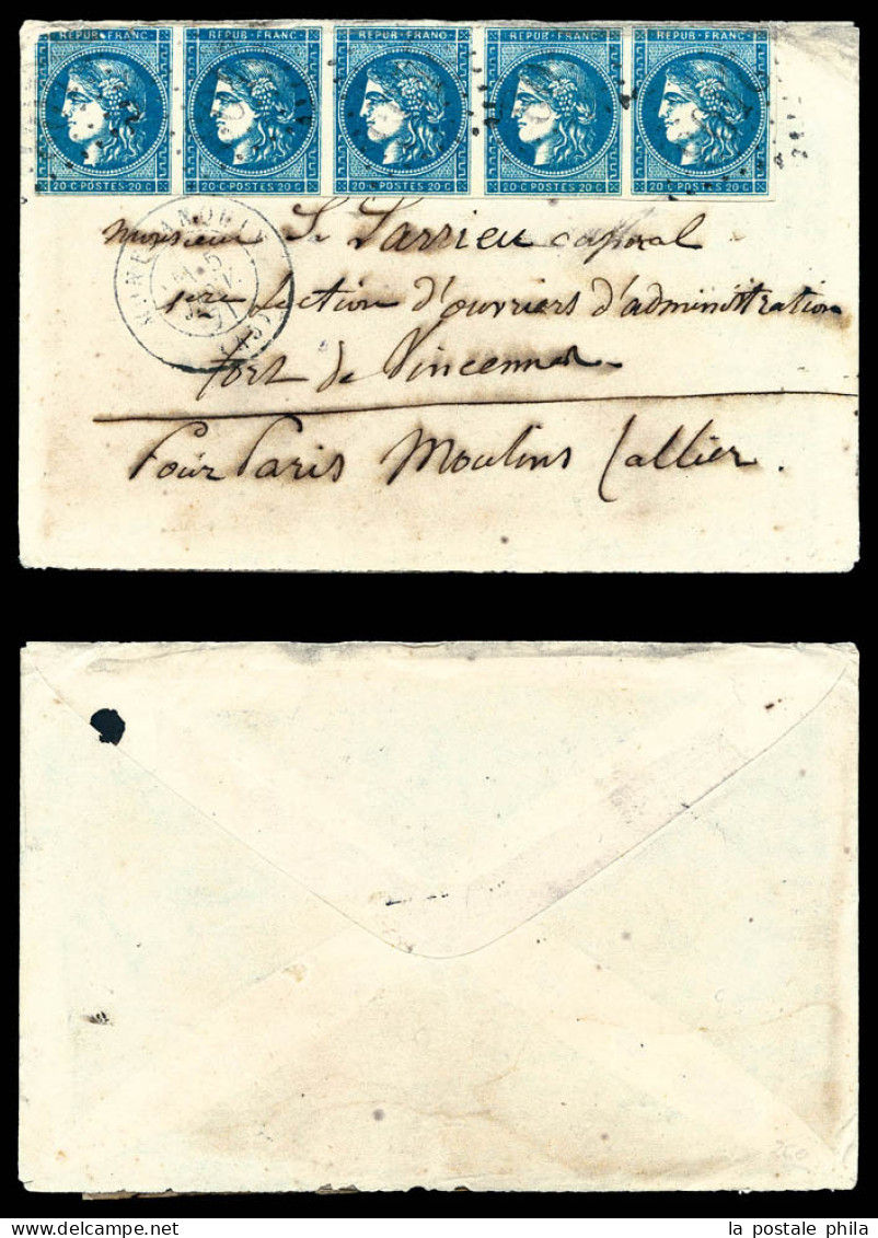 O Boule De Moulins Enveloppe + Correspondance Avec Mention Manuscrite 'PAR MOULINS (ALLIER)': Affranchie Avec Bande De 5 - Guerra Del 1870