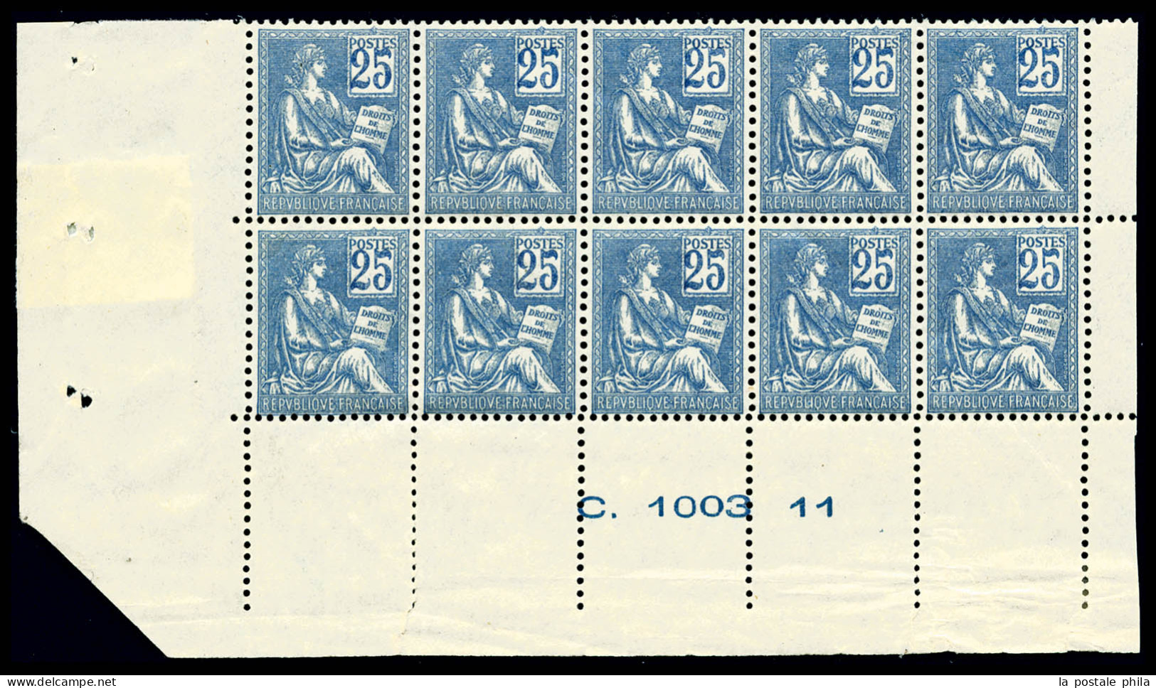 ** N°114, 25c Bleu Type I En Bloc De 10 Exemplaires Bas De Feuille Avec Numéro, Très Bon Centrage, R.R.R (certificat)  Q - 1900-02 Mouchon