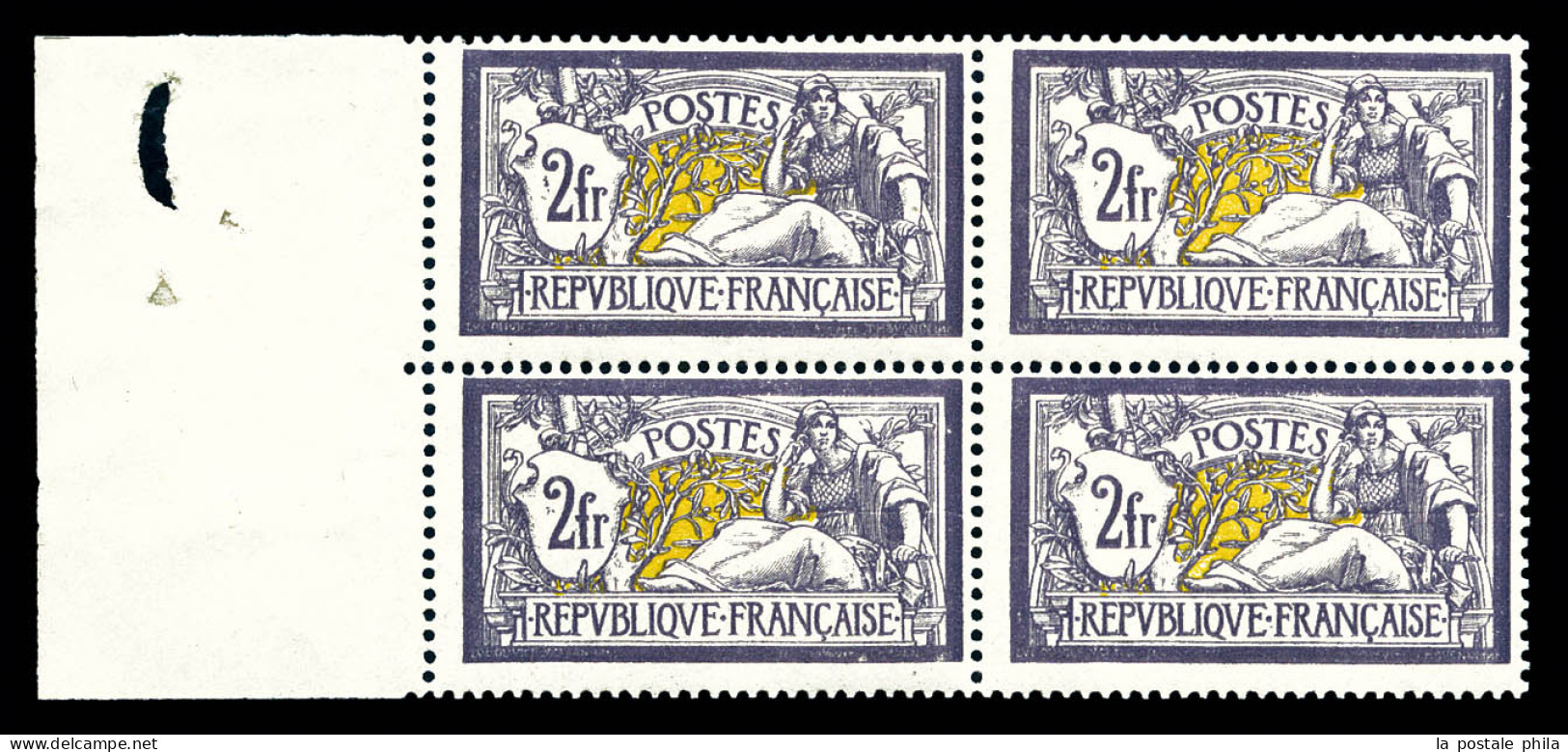 ** N°122, Merson, 2F Violet Et Jaune En Bloc De Quatre Bord De Feuille Latéral, Grande Fraîcheur, SUP (certificat)  Qual - 1900-27 Merson