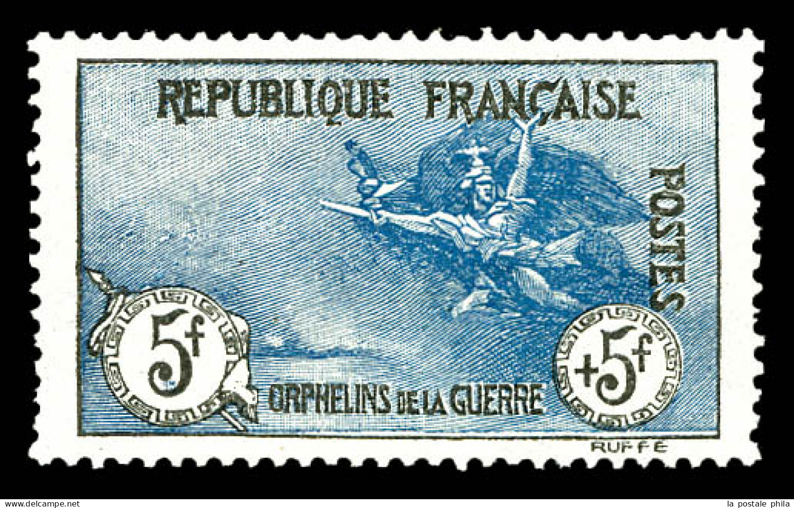 ** N°155, Orphelins, 5F +5F Noir Et Bleu, Dentelure Irregulière, Très Bon Centrage. TB (certificat)  Qualité: **  Cote:  - Unused Stamps