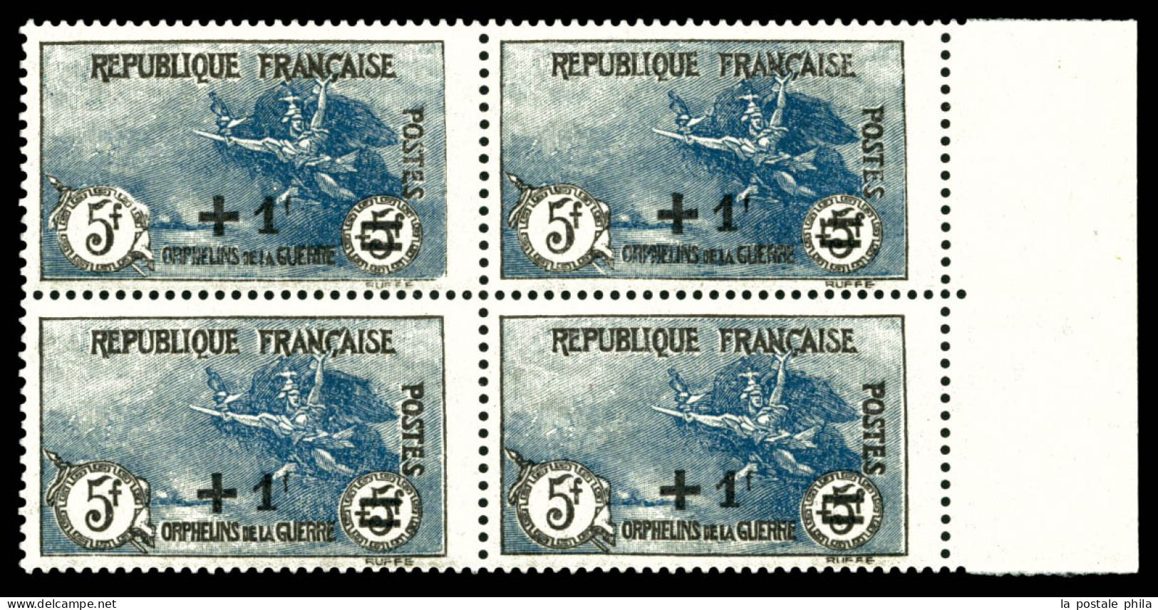 ** N°169, Orphelins, +1f Sur 5F +5F En Bloc De Quatre Bord De Feuille, TTB  Qualité: **  Cote: 1400 Euros - Unused Stamps