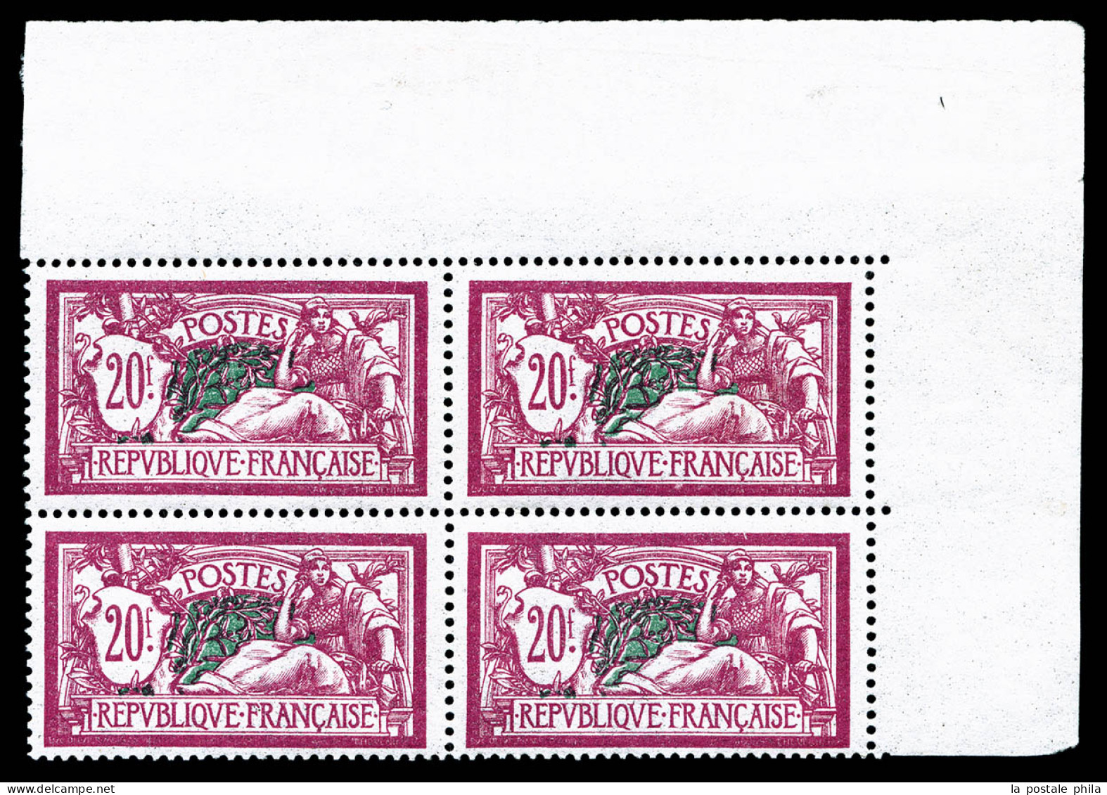 ** N°208, Merson, 20F Lilas-rose Et Vert-bleu En Bloc De Quatre Coin De Feuille, Très Bon Centrage, SUP (certificat)  Qu - Unused Stamps