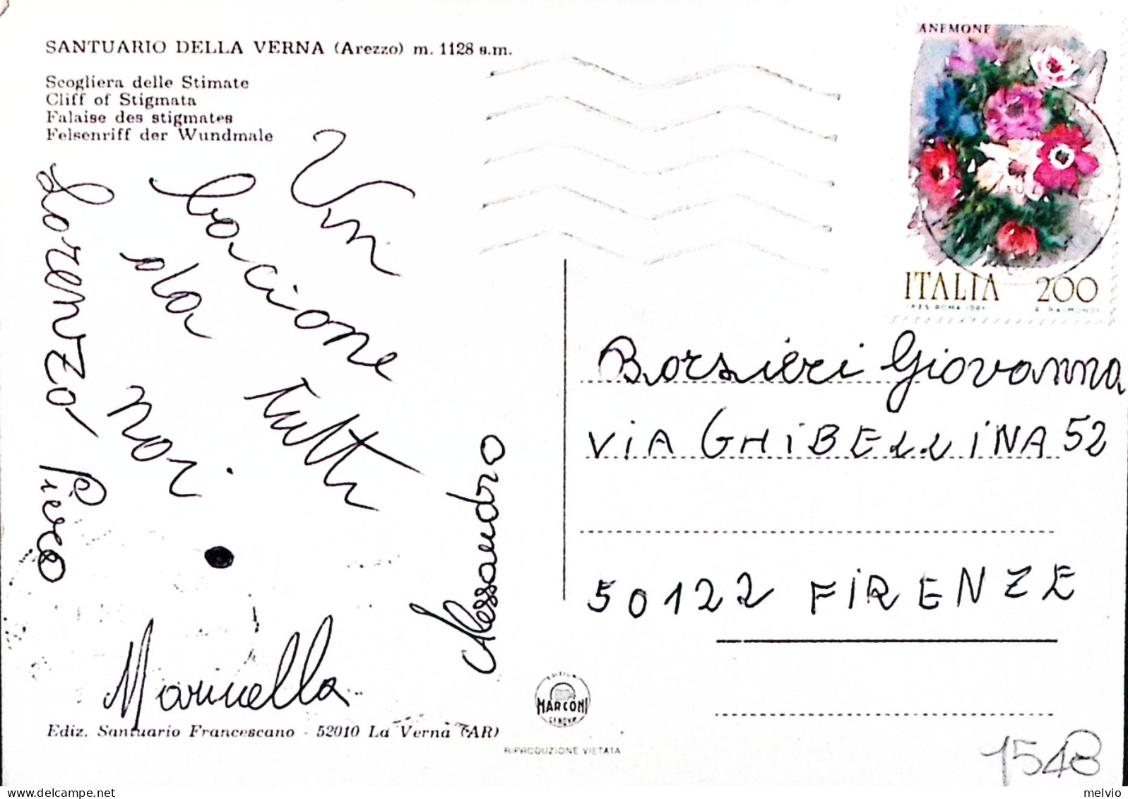 1981-SANTUARIO Della VERNA (AR) Scogliera Delle Stimate Viaggiata Affrancata Fio - 1981-90: Storia Postale