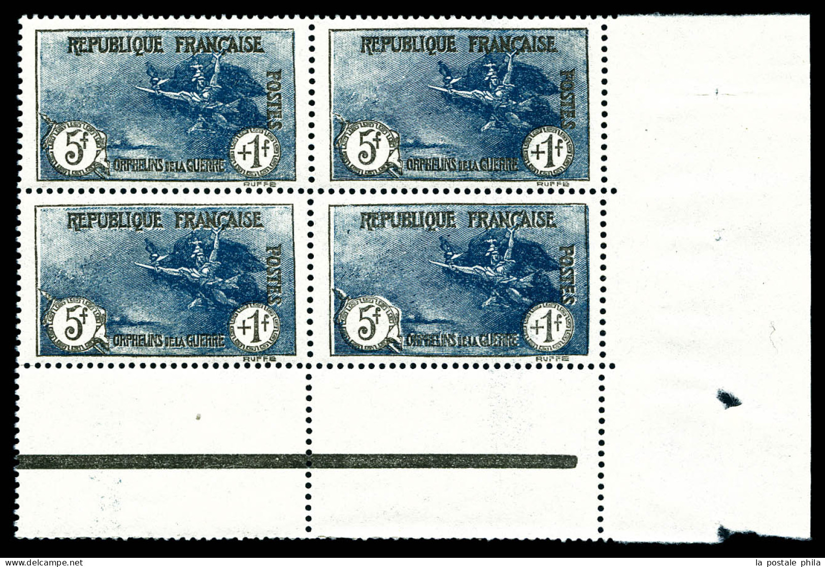 ** N°232, Orphelins, 5F +1F Noir Et Bleu En Bloc De Quatre, Coin De Feuille Inférieur, Très Bon Centrage, SUP (certifica - Ungebraucht