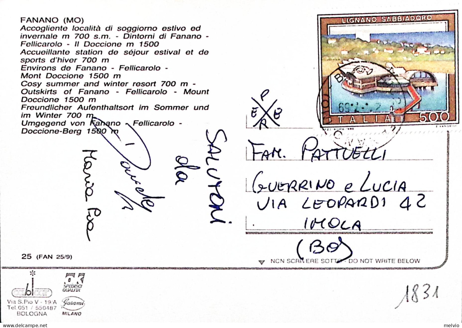 1987-FANANO Viaggiata Affrancata Turistica Lignano Sabbiadoro Lire 500 - 1981-90: Marcophilie