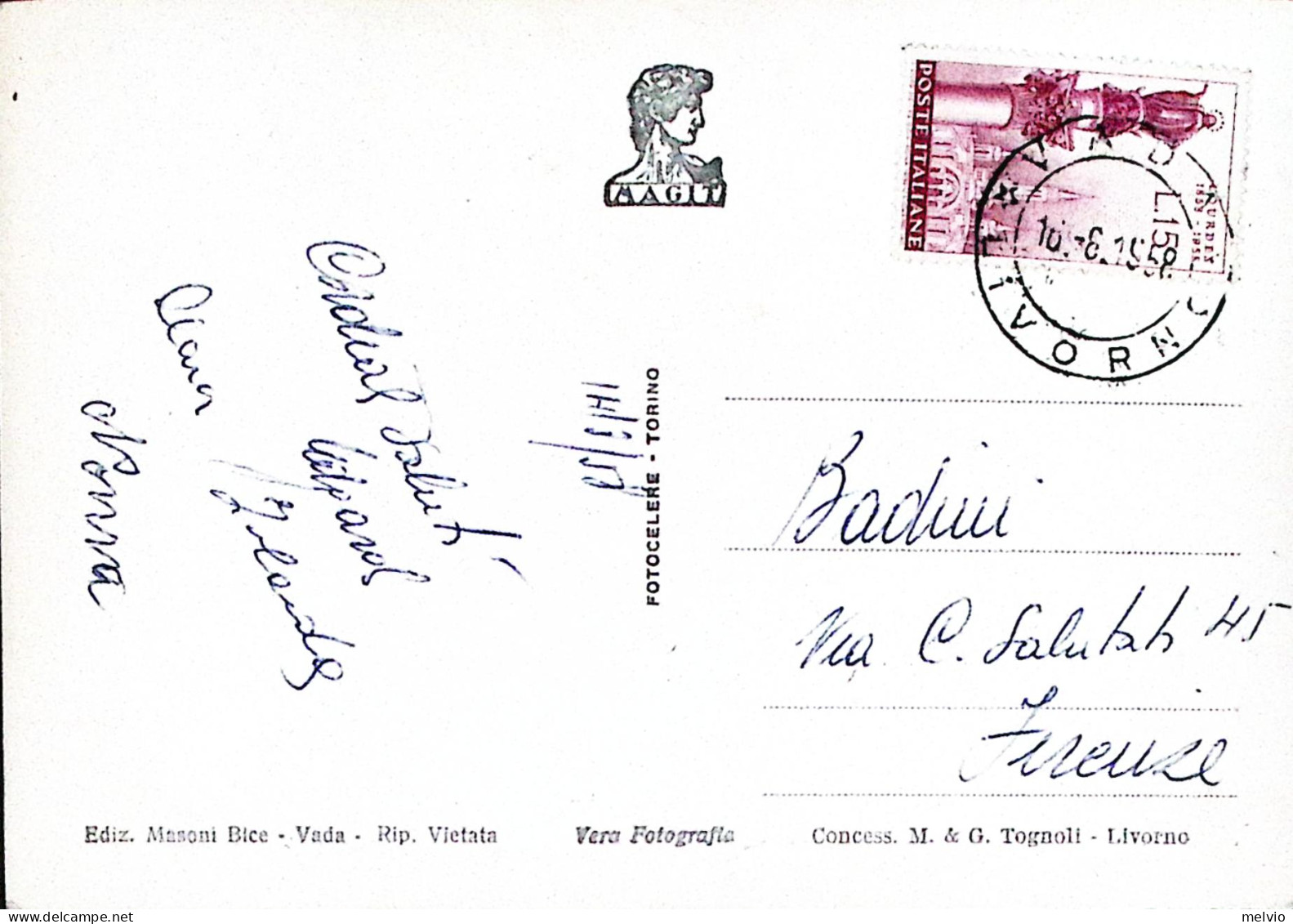 1958-VADA Piazza Garibaldi Viaggiata Affrancata Lourdes Lire 15 - Livorno