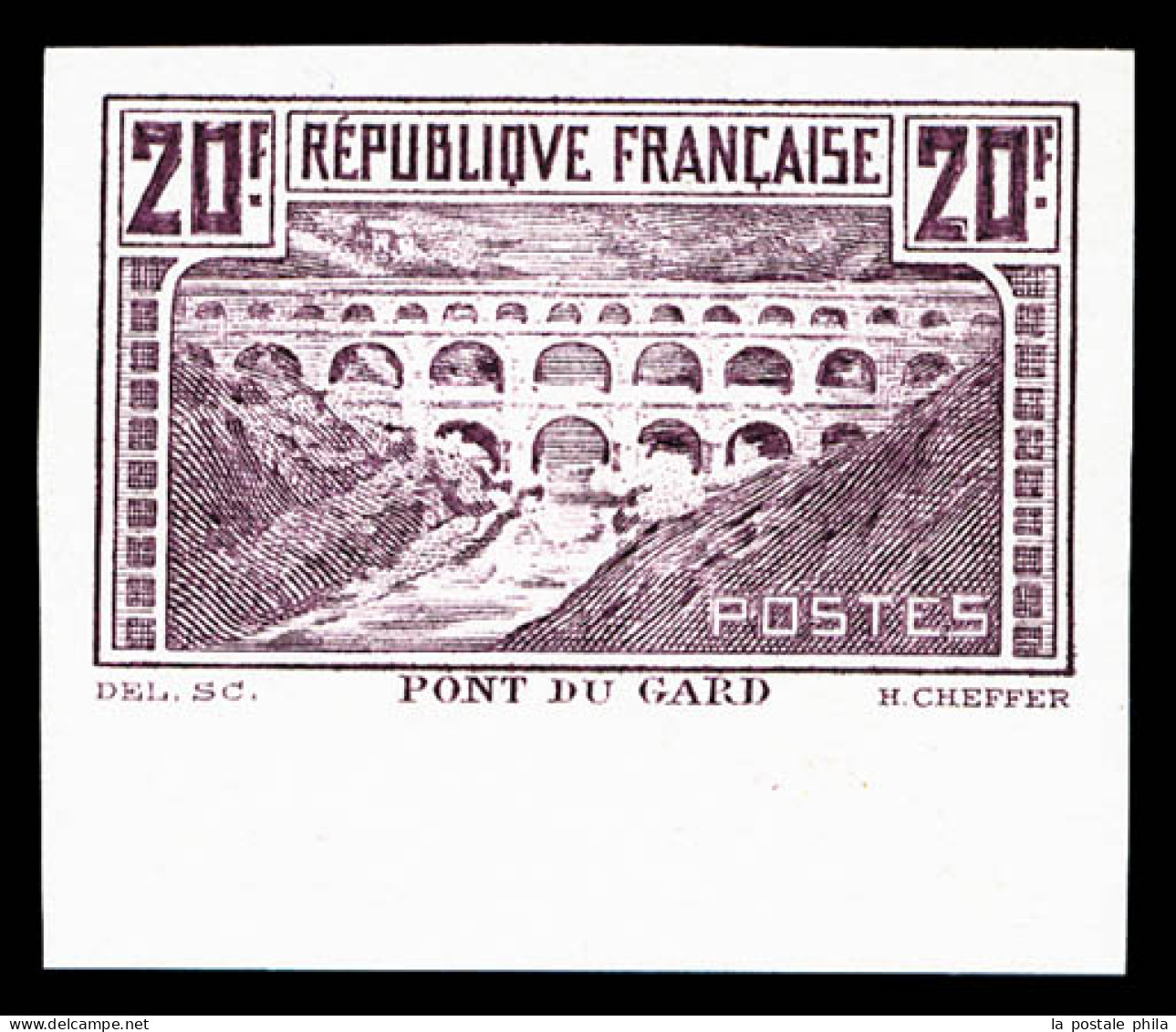 (*) N°262, Pont Du Gard, épreuve De Couleur: 20F Lilas Non Dentelé, Bord De Feuille Inférieur, SUPERBE Et RARE (certific - Unused Stamps