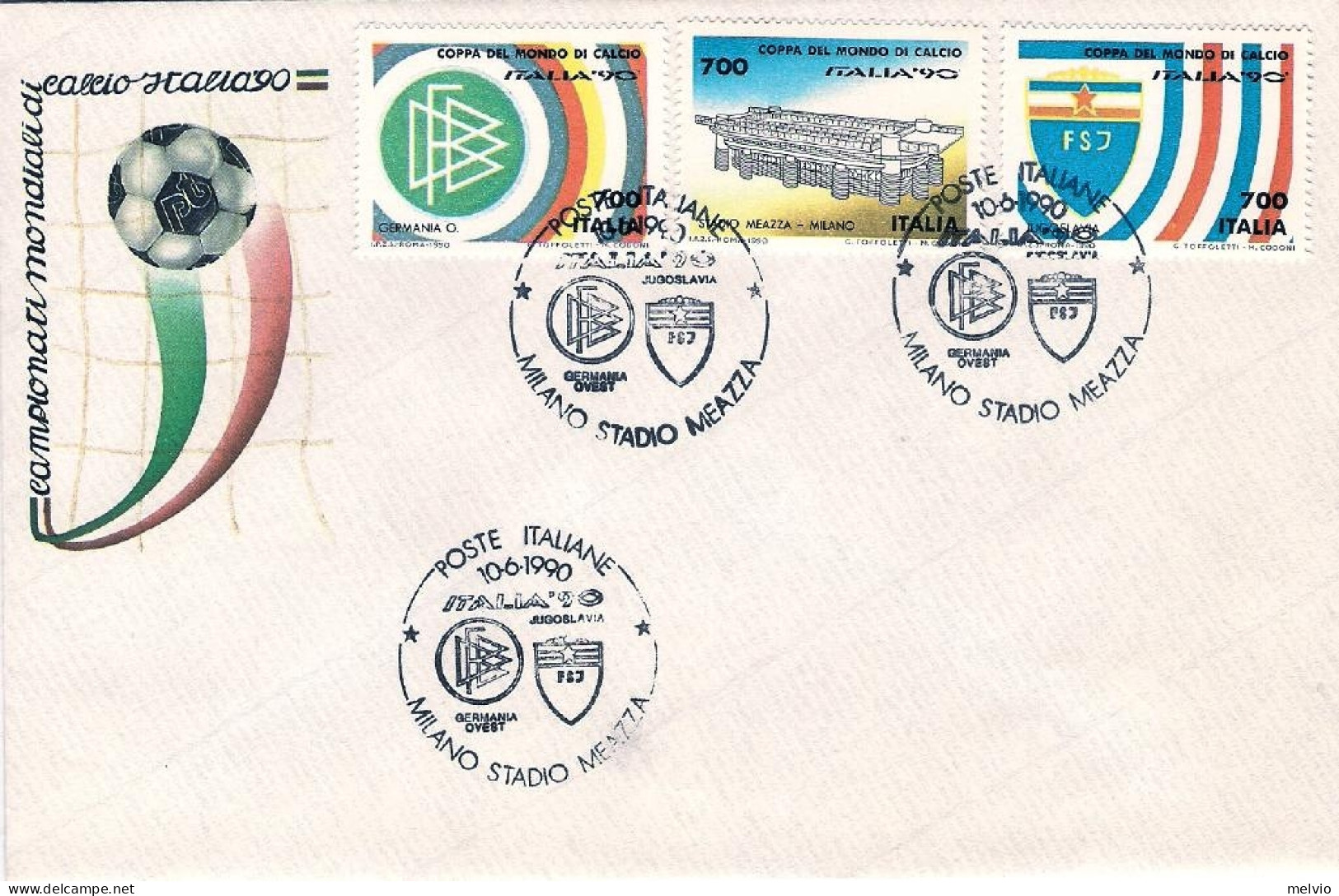 1990-busta Affrancata 3 Valori "Italia 90",annullo Figurativo Milano,stadio Meaz - 1981-90: Poststempel