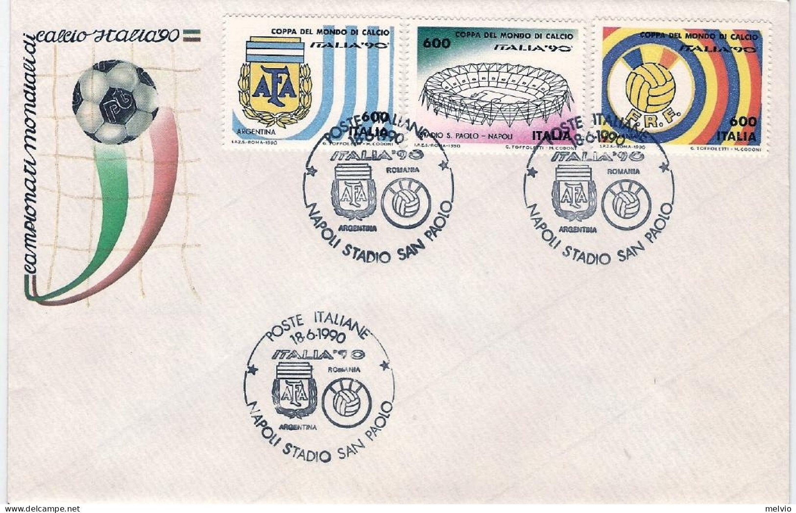 1990-busta Affrancata 3 Valori "Italia 90",annullo Figurativo Napoli,Stadio San  - 1981-90: Storia Postale