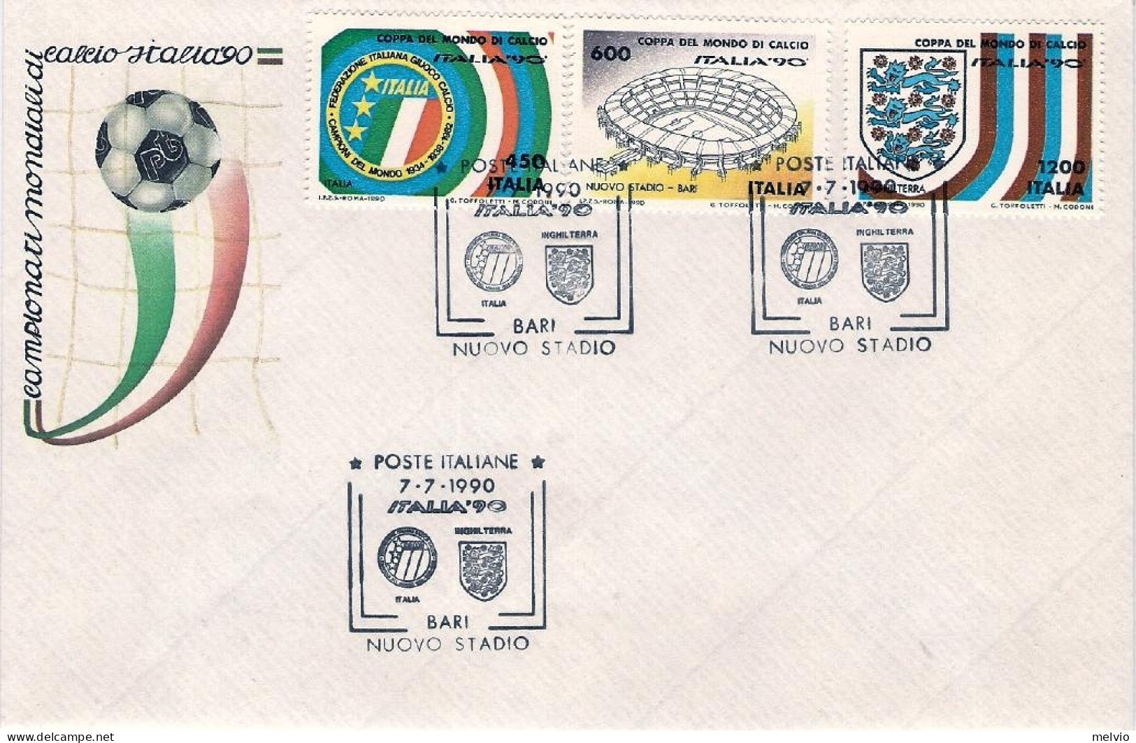 1990-busta Affrancata 3 Valori "Italia 90",annullo Figurativo Bari,Stadio Nuovo - 1981-90: Poststempel