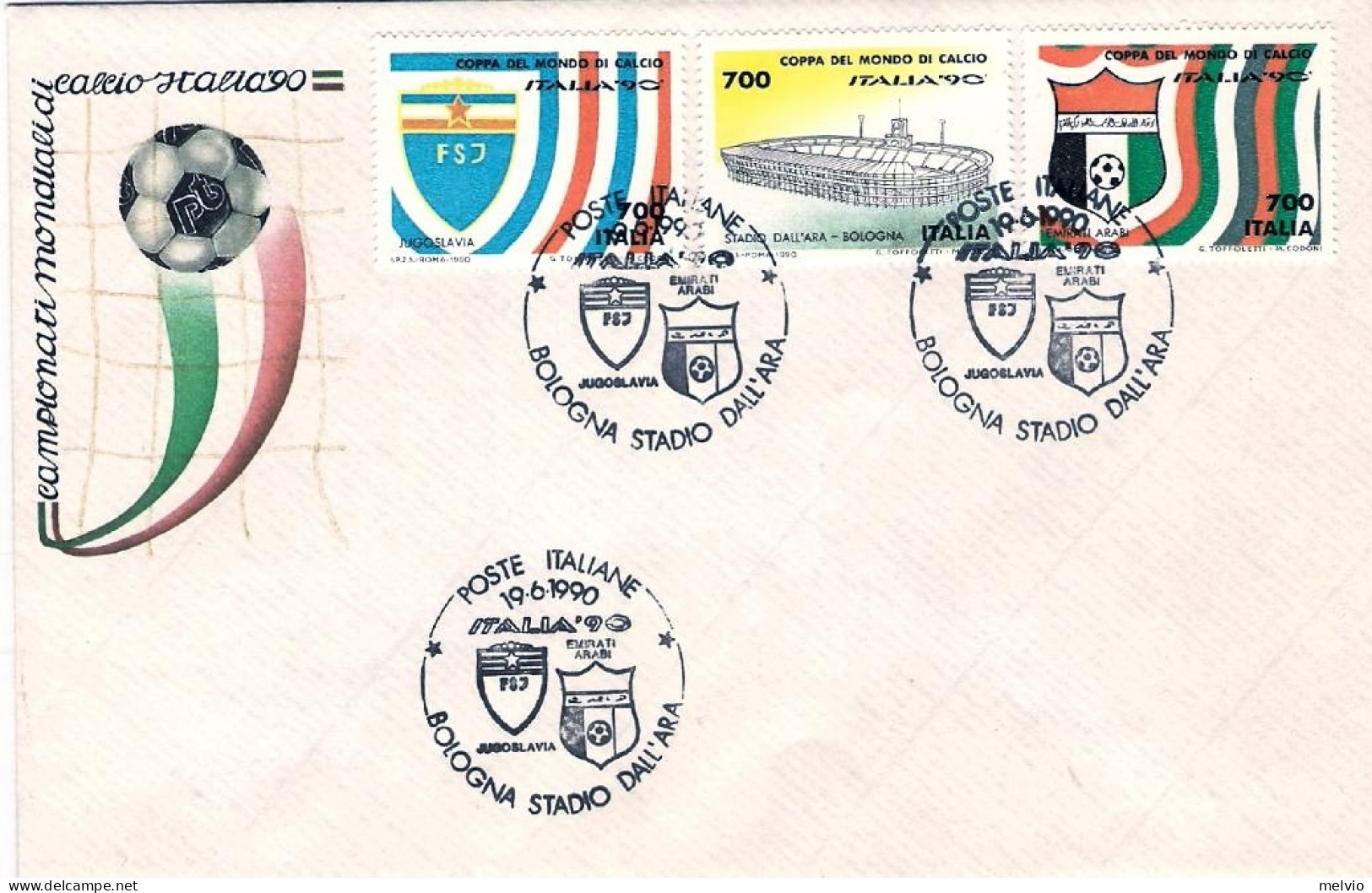 1990-busta Affrancata 3 Valori "Italia 90",annullo Figurativo Bologna,Stadio Dal - 1981-90: Marcofilie