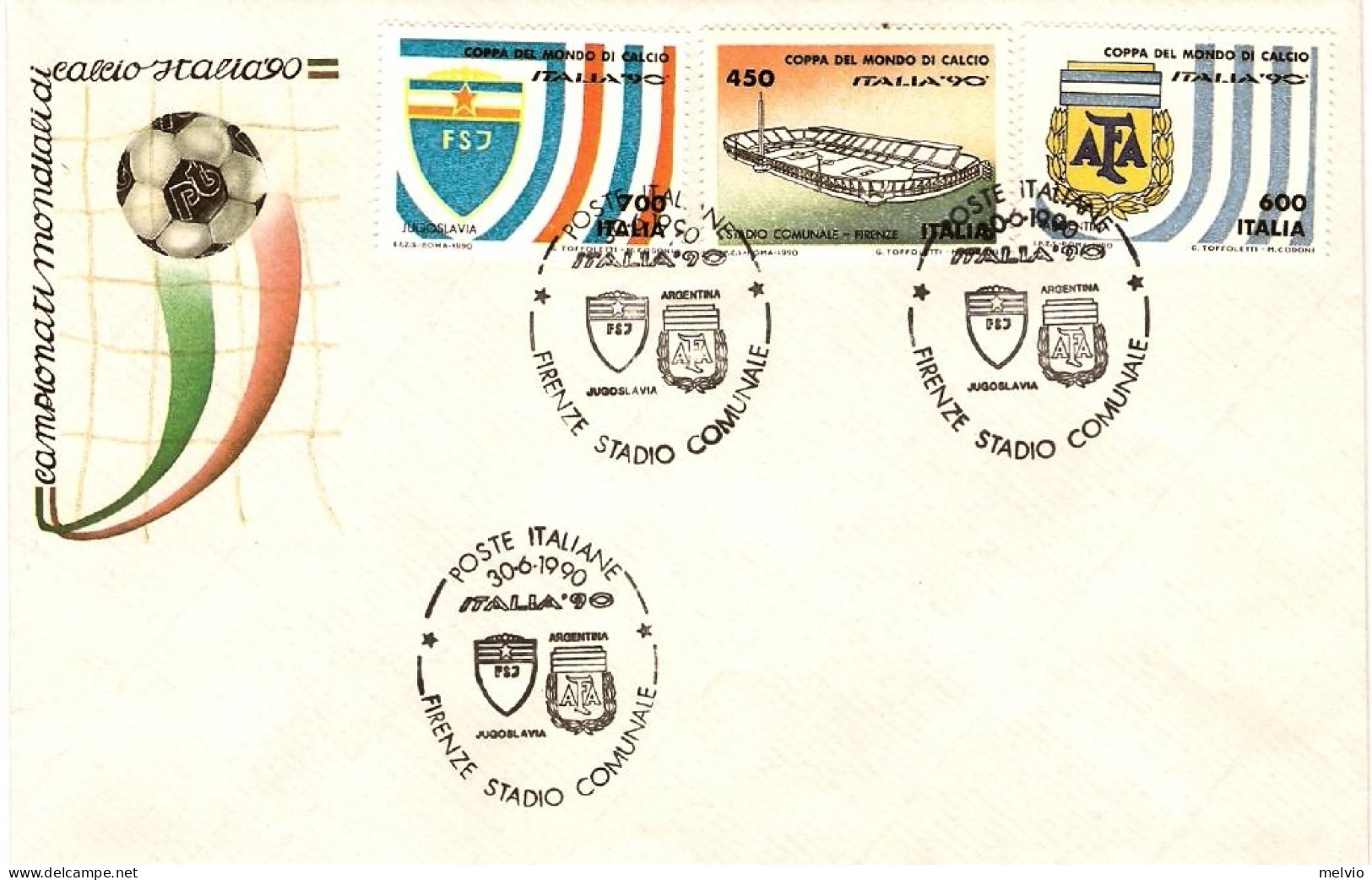 1990-busta Affrancata 3 Valori "Italia 90",annullo Figurativo Firenze,Stadio Com - 1981-90: Poststempel