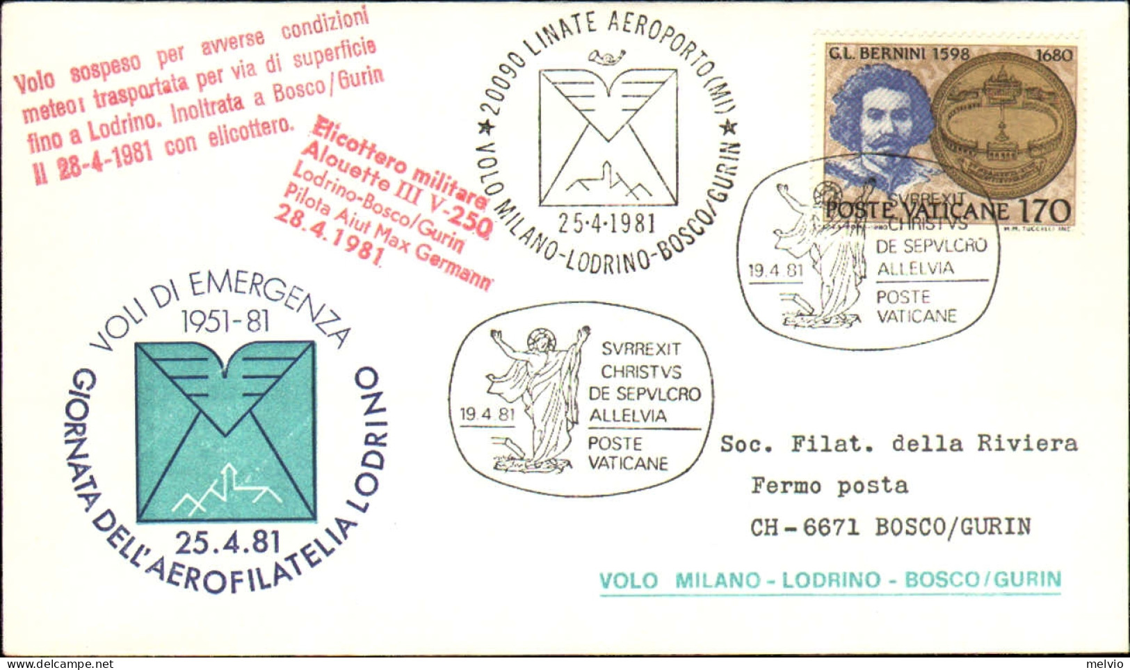 Vaticano-1981  Volo Milano-Lodrino-Bosco/Gurin - Luftpost