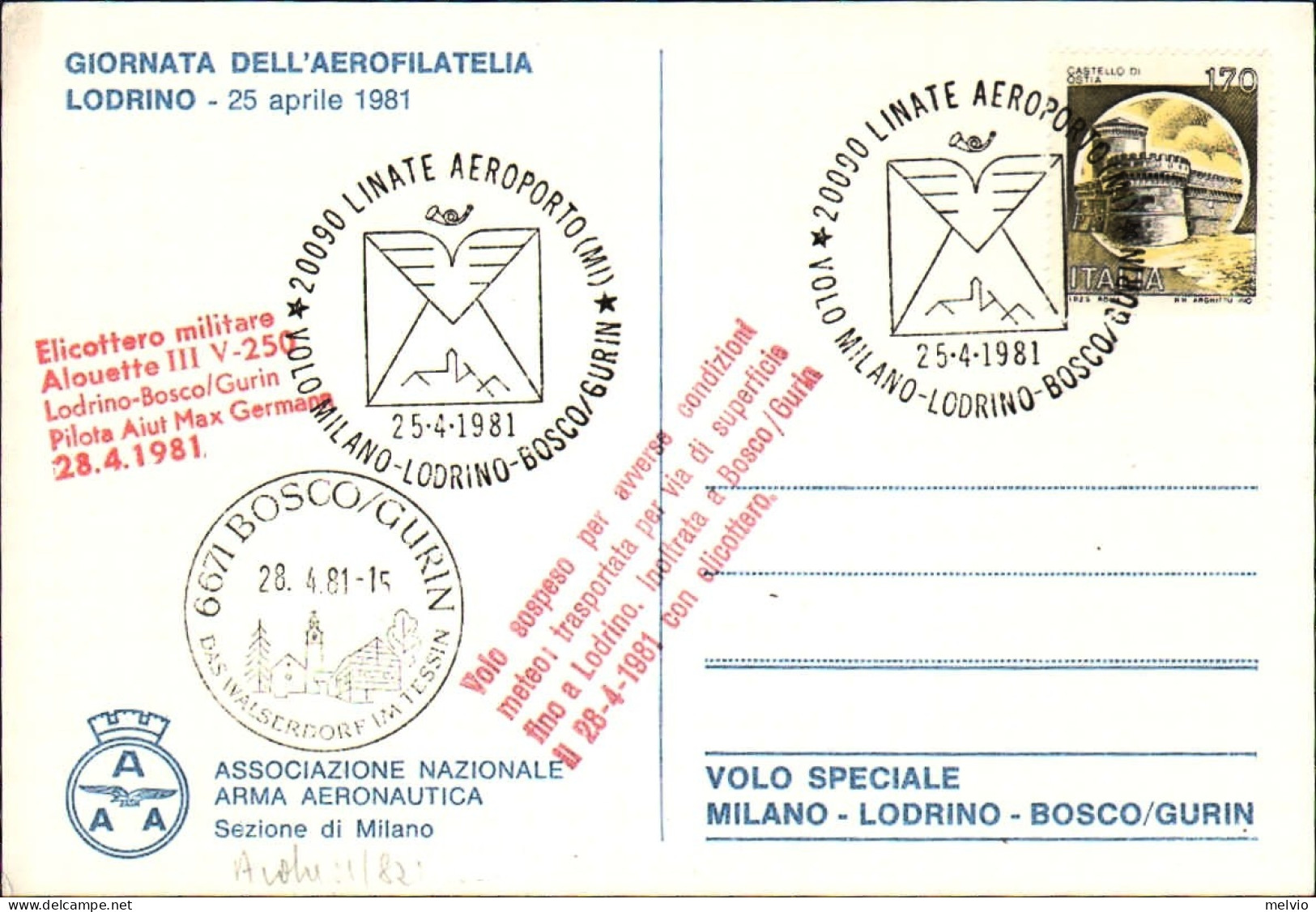 1981-Linate Volo Milano-Lodrino-Bosco/Gurin Cartolina "L'aeronautica Militare Al - Poste Aérienne