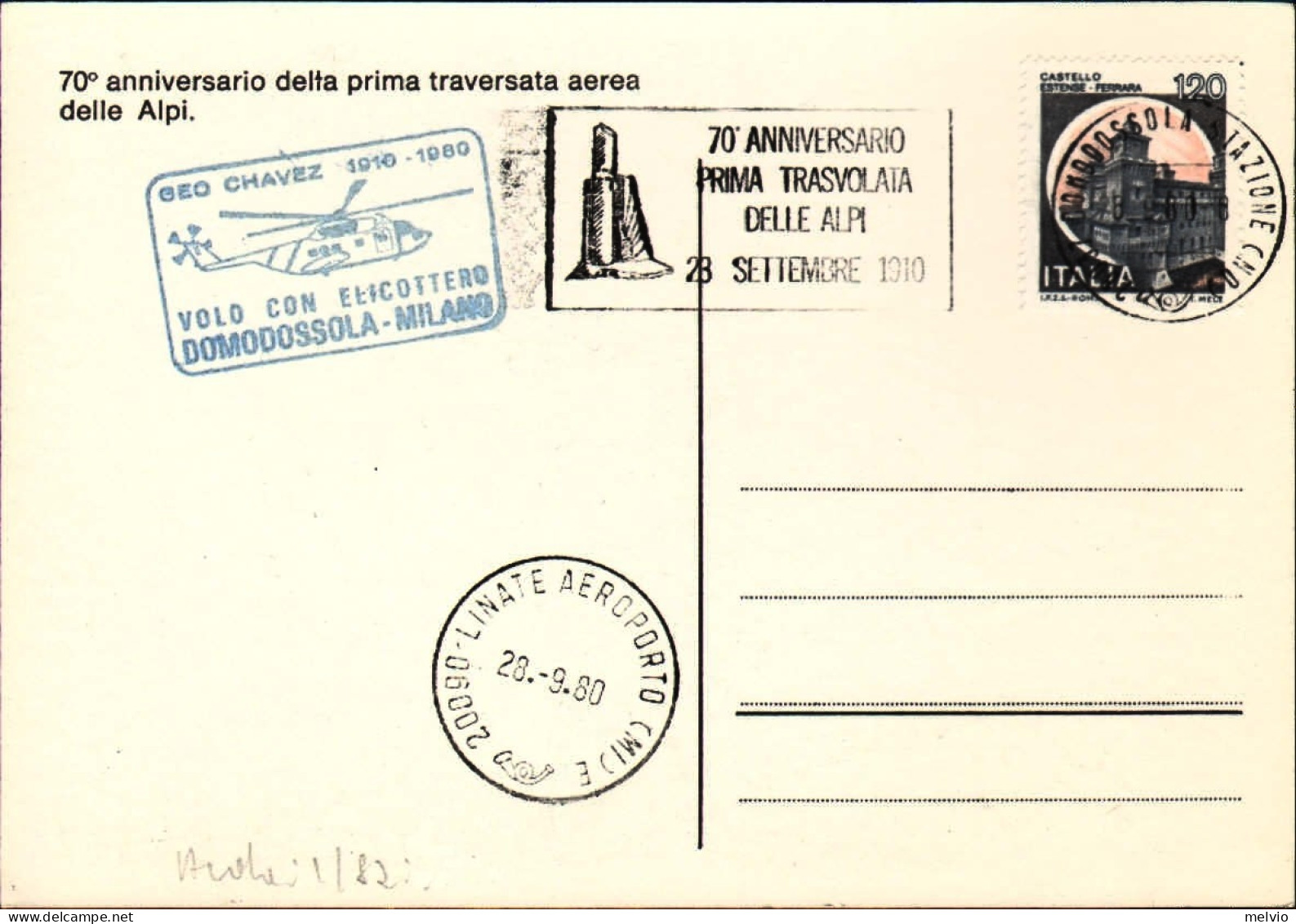 1980-cartolina 70^ Anniversario Della Prima Traversata Aerea Delle Alpi E Cachet - Poste Aérienne