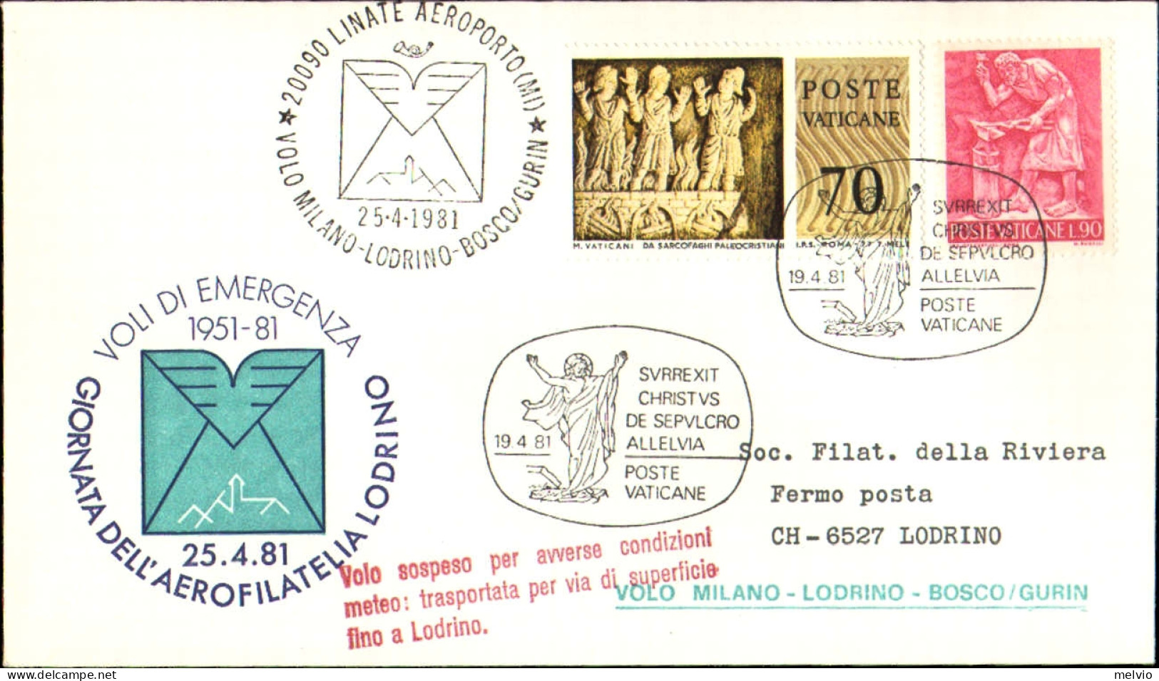 Vaticano-1981  Volo Milano-Lodrino-Bosco/Gurin - Posta Aerea