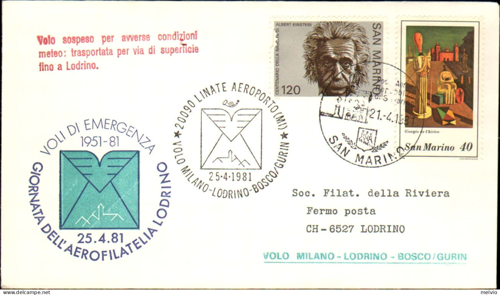 San Marino-1981 Volo Milano-Lodrino-Bosco/Gurin - Poste Aérienne